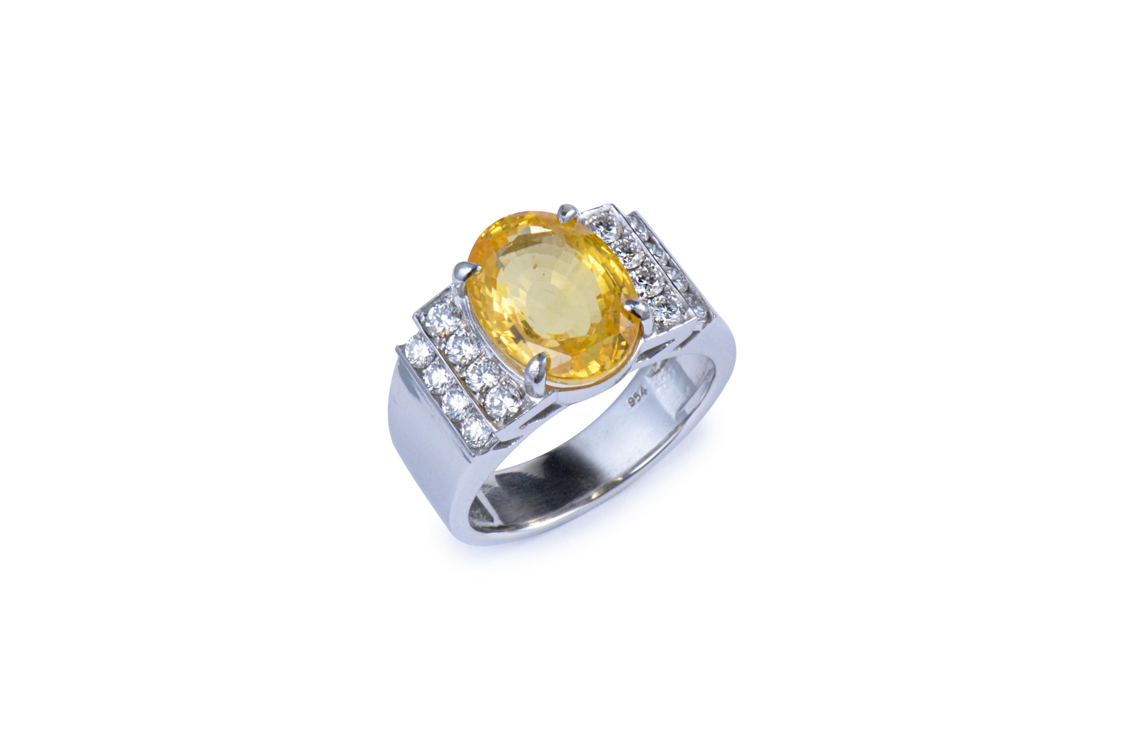 Contemporary IGI PT950 9.54 Ct Unheated Yellow Sapphire Antique Art Deco Engagement Ring For Sale
