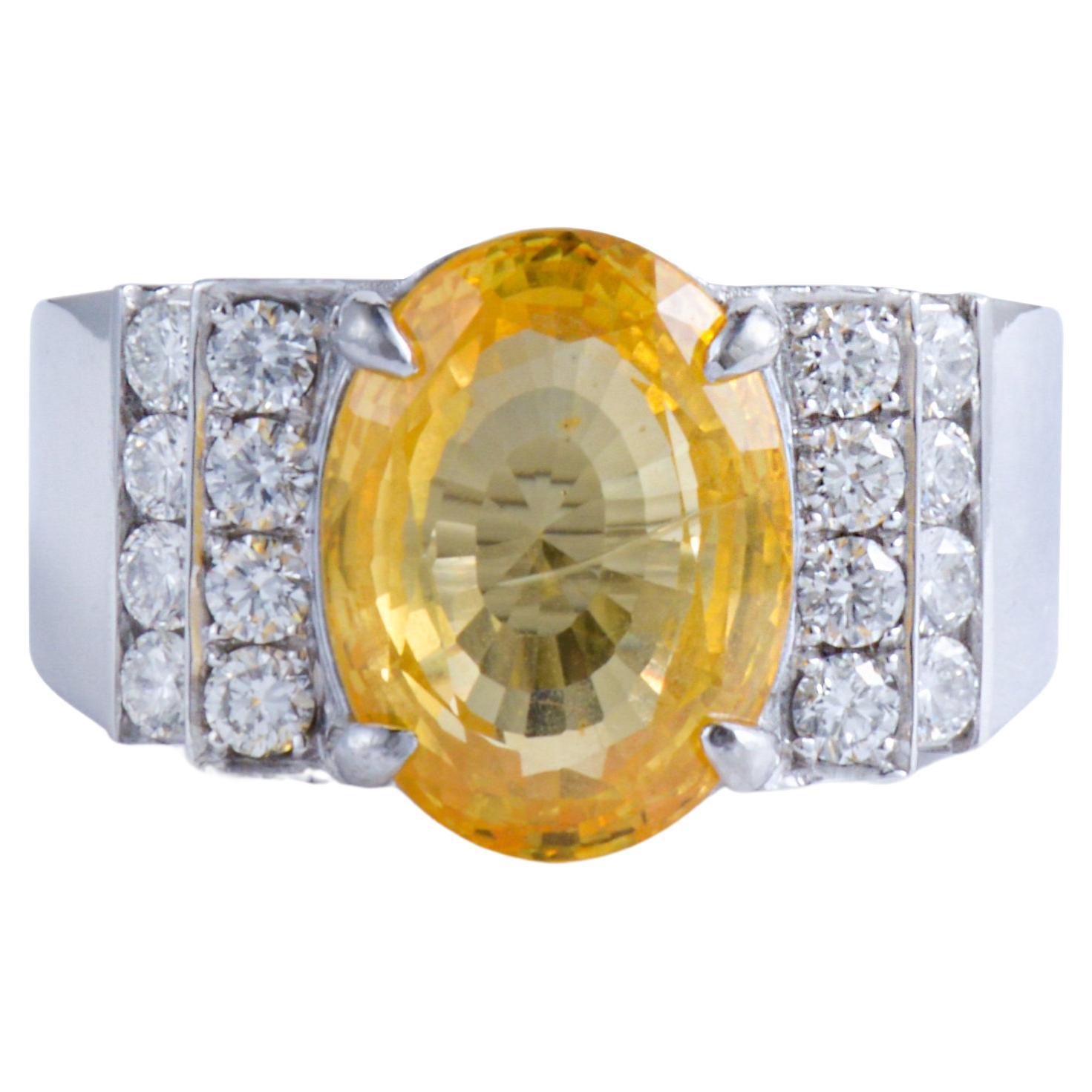 IGI PT950 9.54 Ct Unheated Yellow Sapphire Antique Art Deco Engagement Ring For Sale
