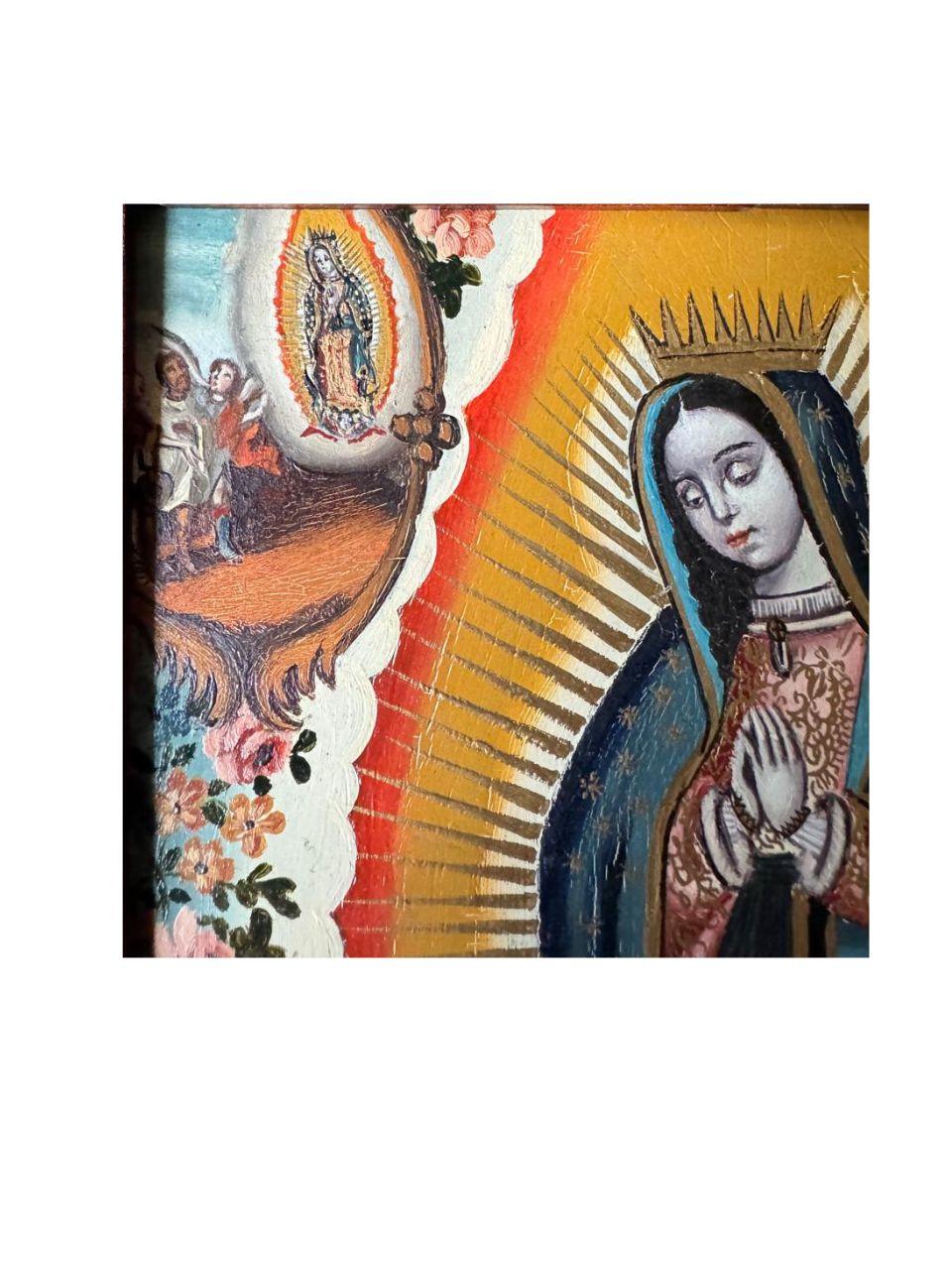 N. S de Guadalupe
Patron and Virgin of Mexico
Original Oil painting on Copper
Wooden frame, Charles IV style Puebla
J. Lecuona. 20 Th Century

Guadalupe,   mother  Virgin of all Mexico. 
The 12 December 1531 on the  hill of  Tepeyac ,  she apeared