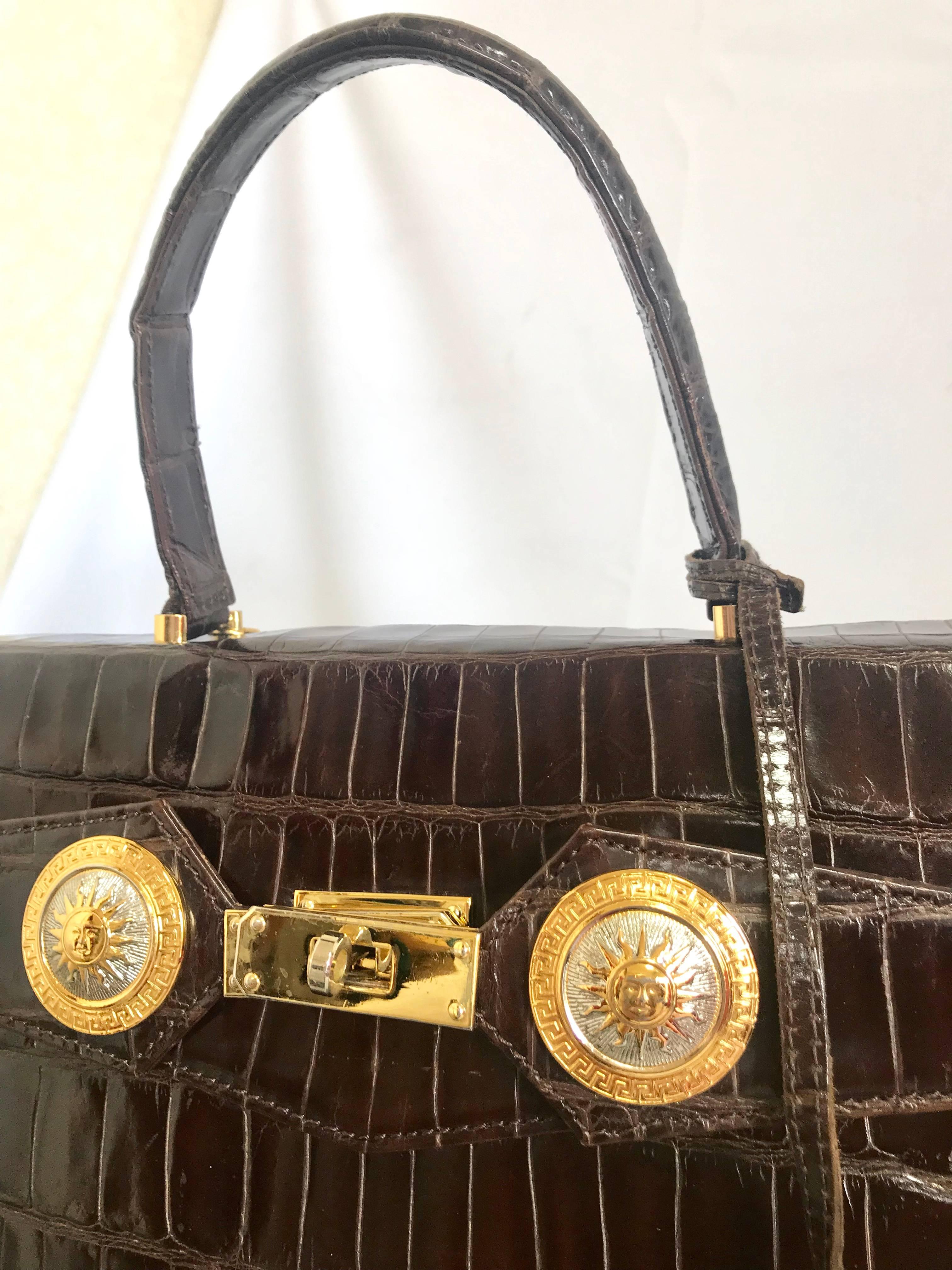 Vintage Gianni Versace dark brown croc embossed leather Kelly style bag. 5