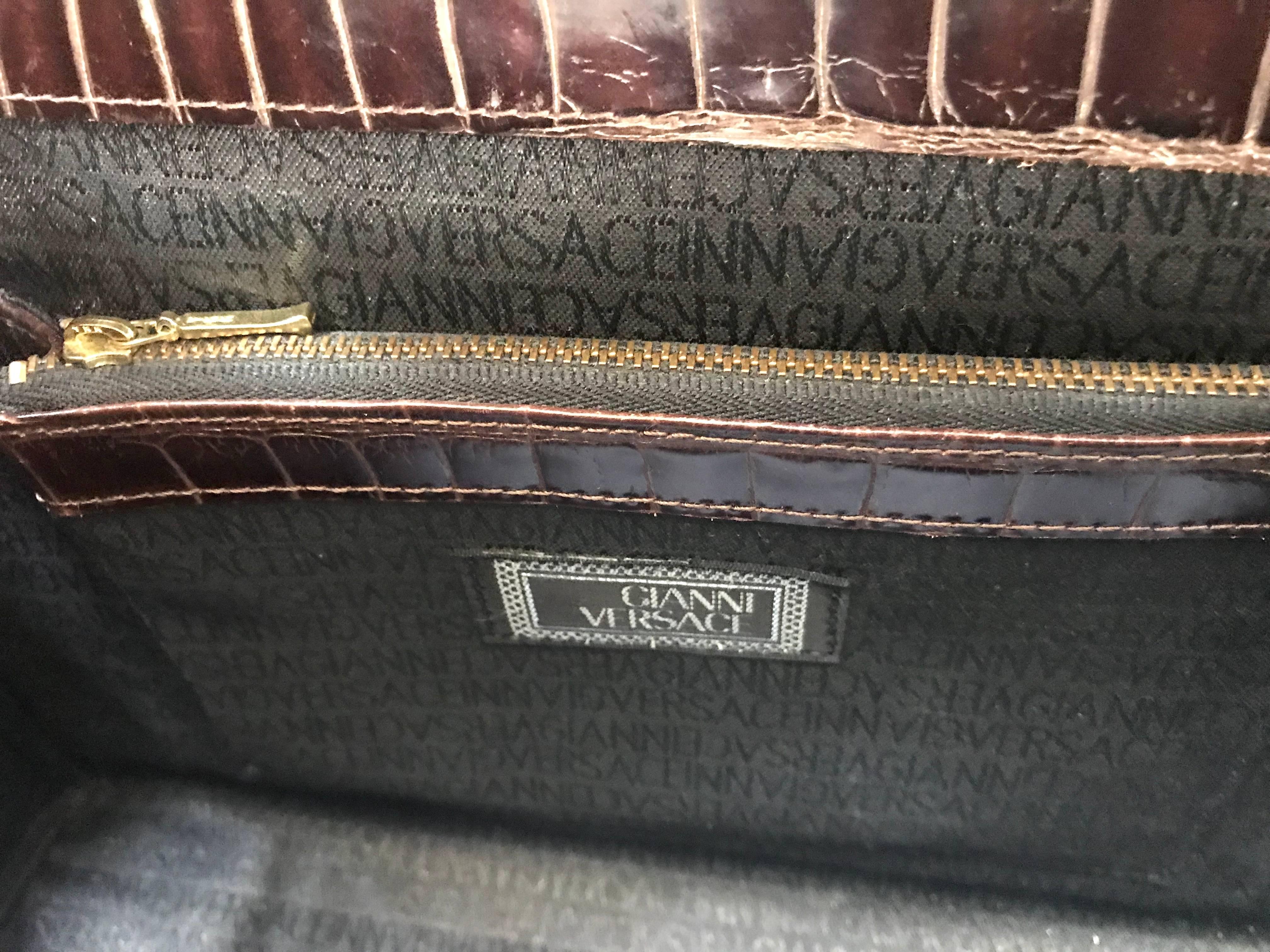 Vintage Gianni Versace dark brown croc embossed leather Kelly style bag. 12