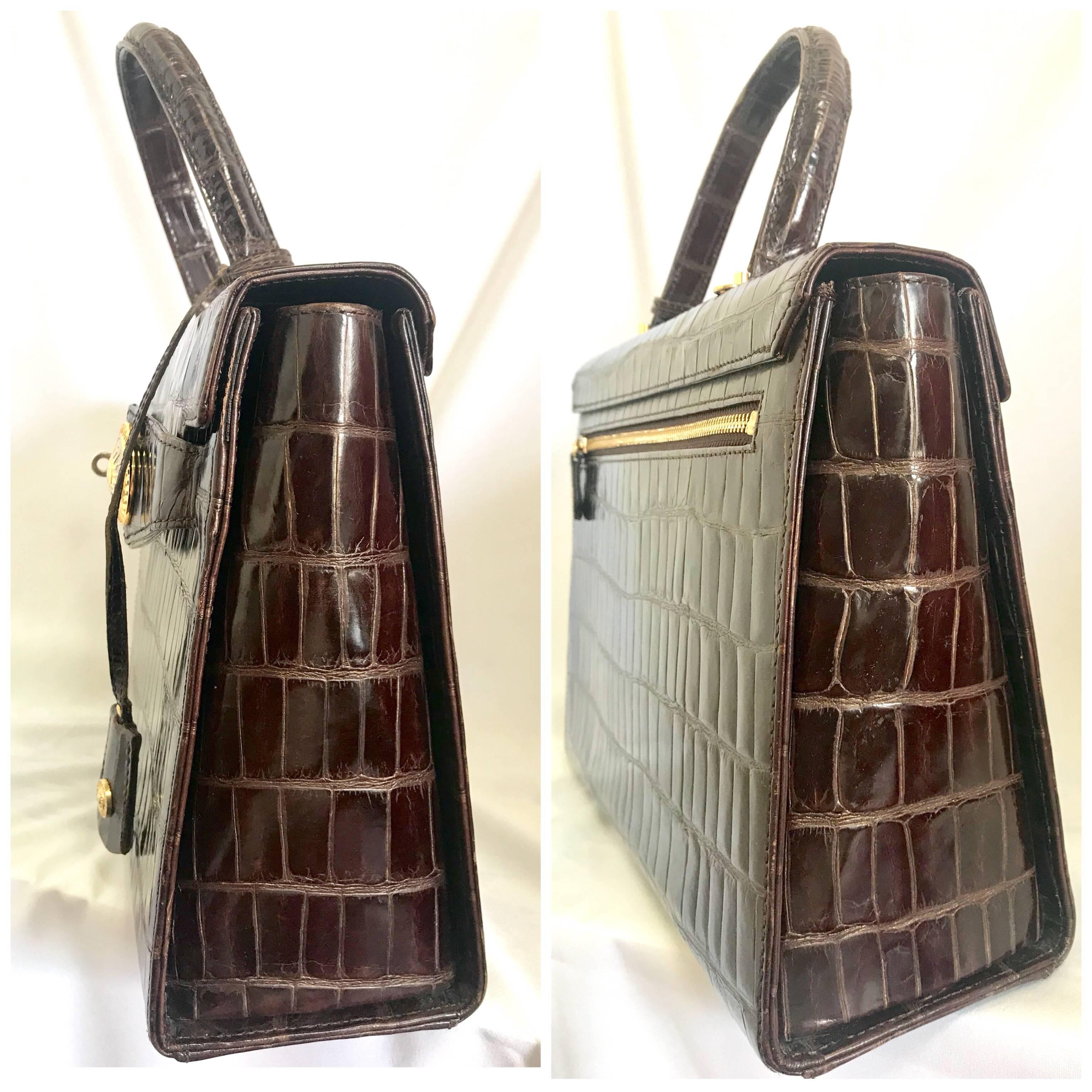 Vintage Gianni Versace dark brown croc embossed leather Kelly style bag. 14