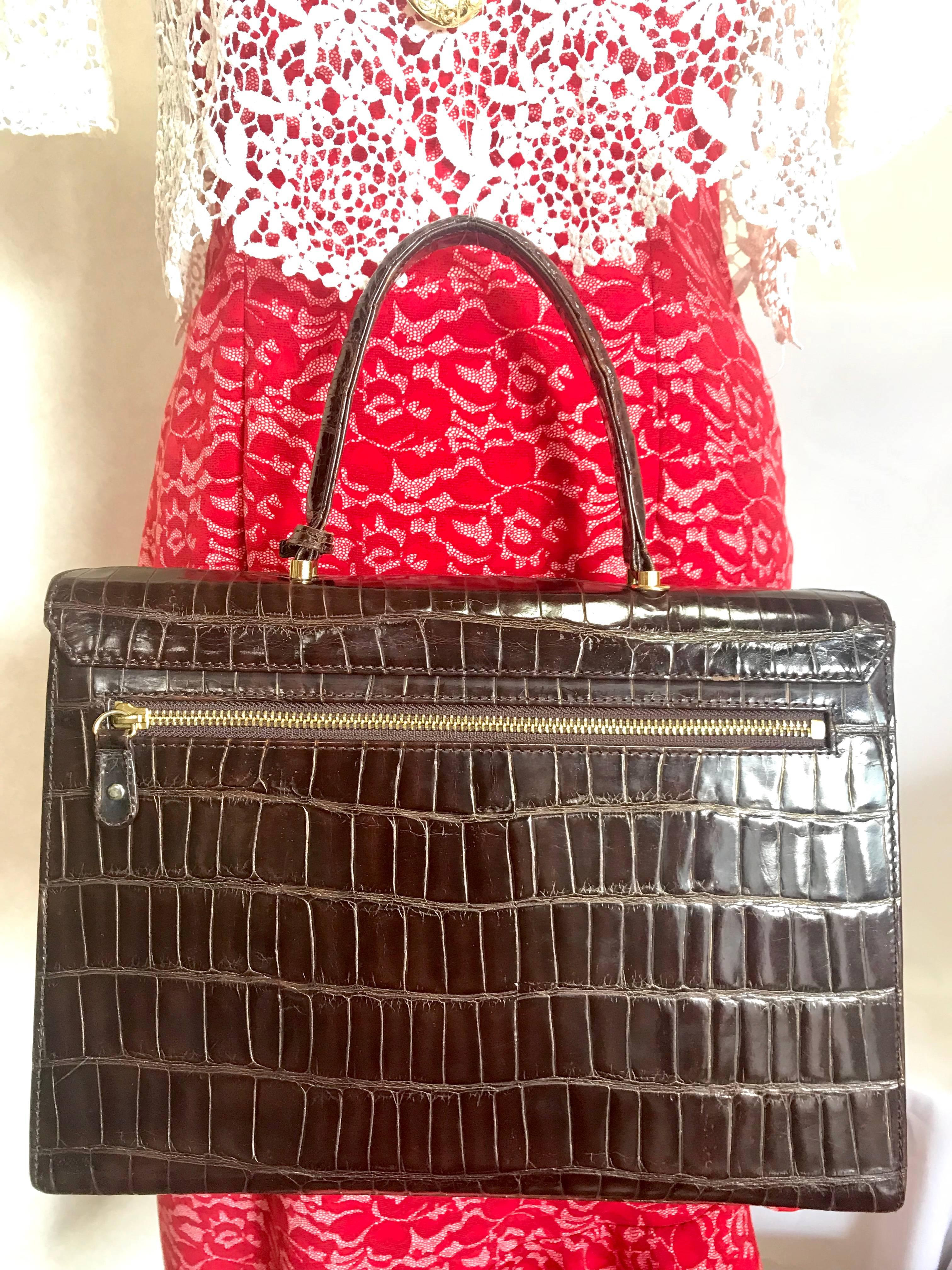 Black Vintage Gianni Versace dark brown croc embossed leather Kelly style bag.