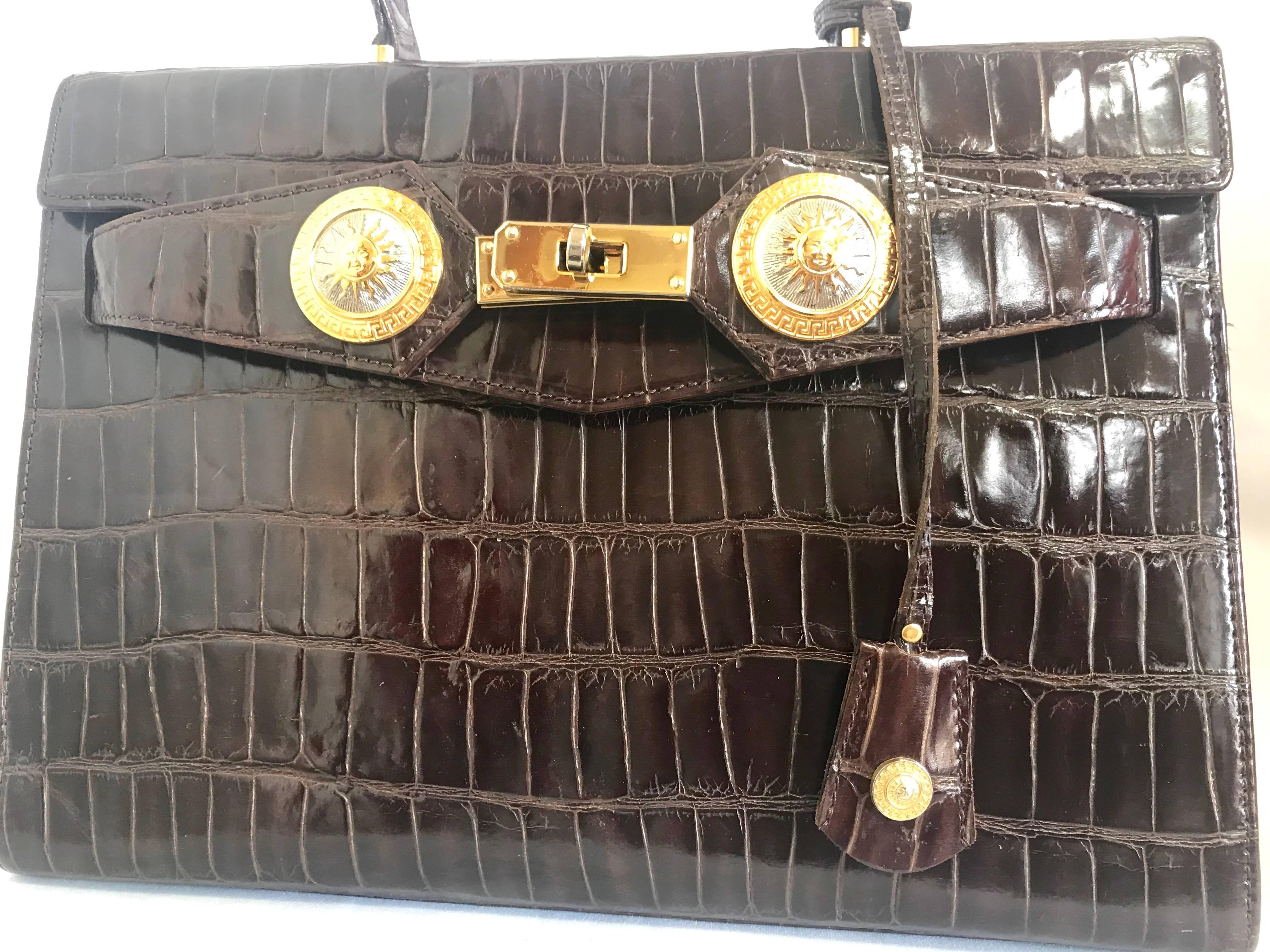 Women's or Men's Vintage Gianni Versace dark brown croc embossed leather Kelly style bag.