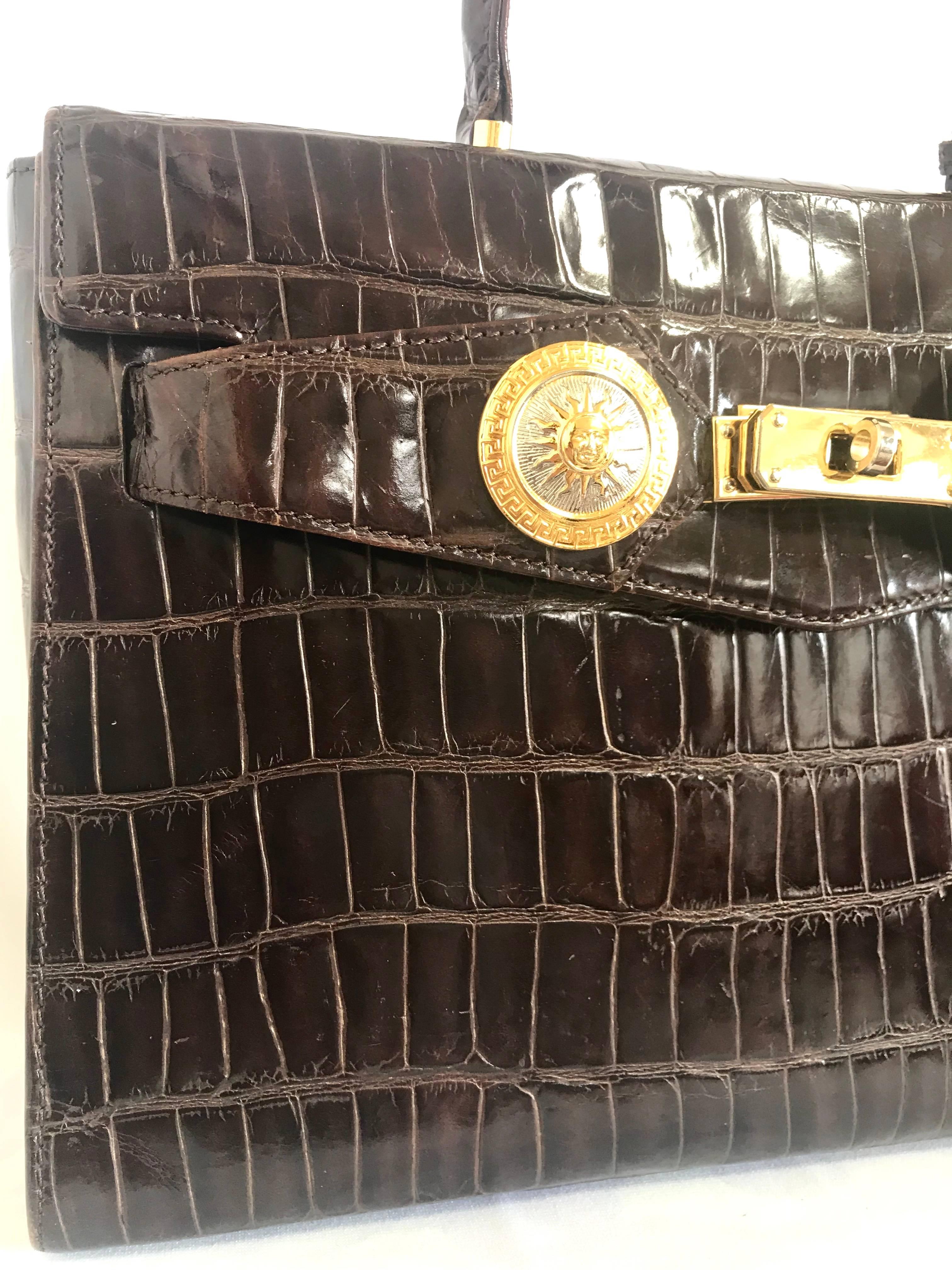 Vintage Gianni Versace dark brown croc embossed leather Kelly style bag. 1