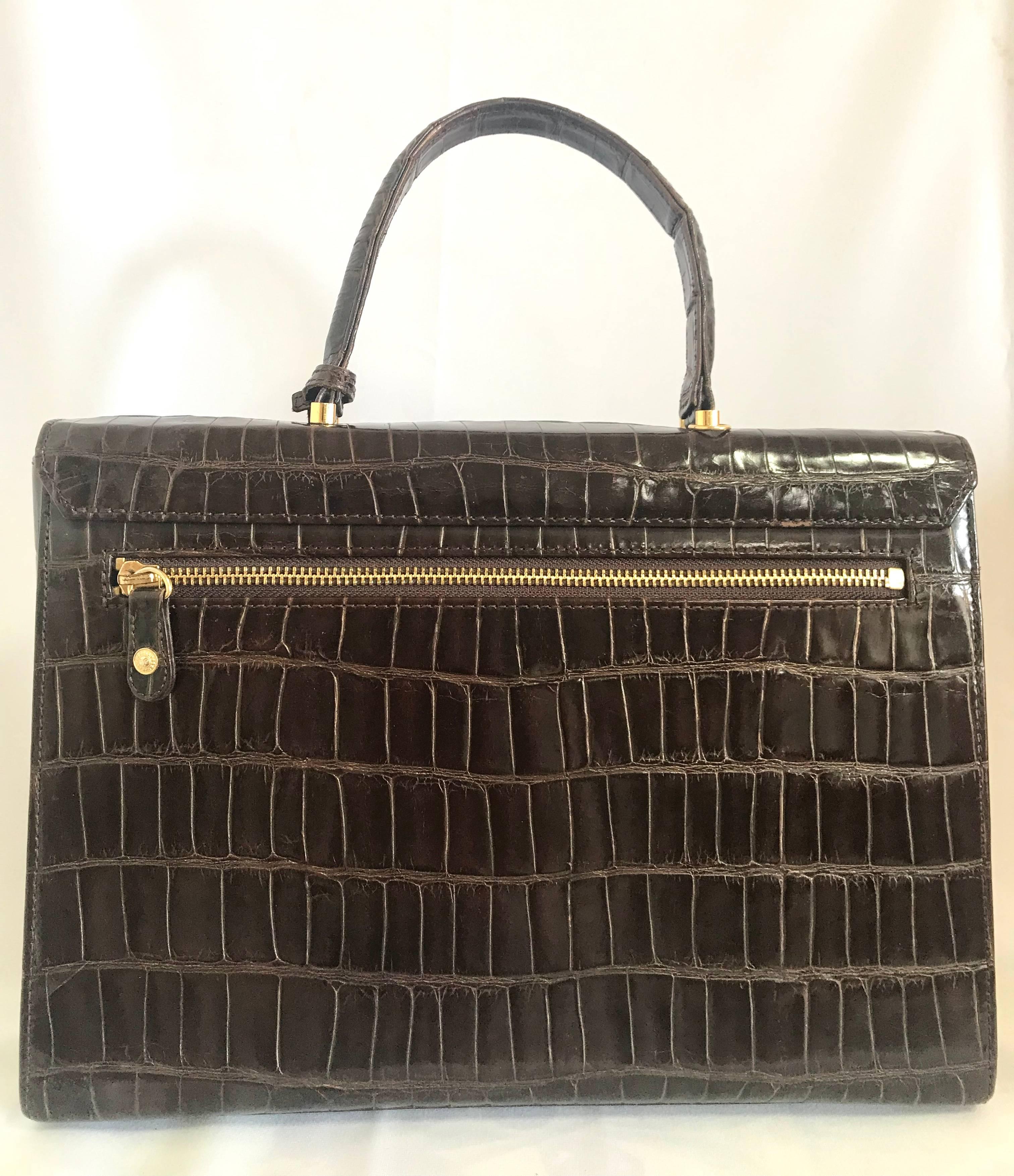 Vintage Gianni Versace dark brown croc embossed leather Kelly style bag. 2