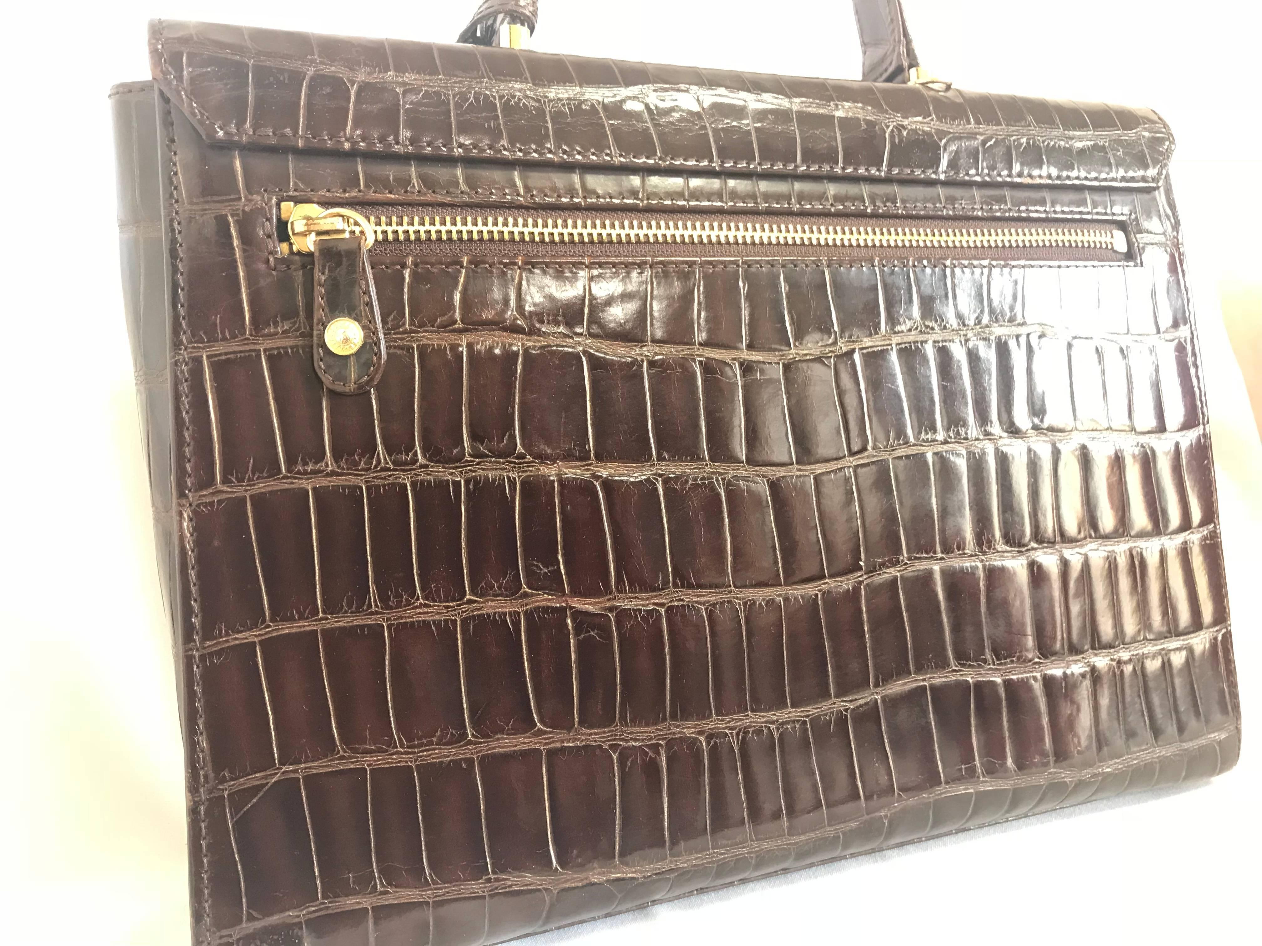 Vintage Gianni Versace dark brown croc embossed leather Kelly style bag. 3