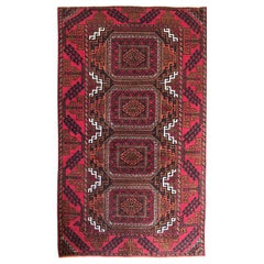 Vintage Persian Hand Knotted Red Orange Tribal Baluchi Rug, circa 1960