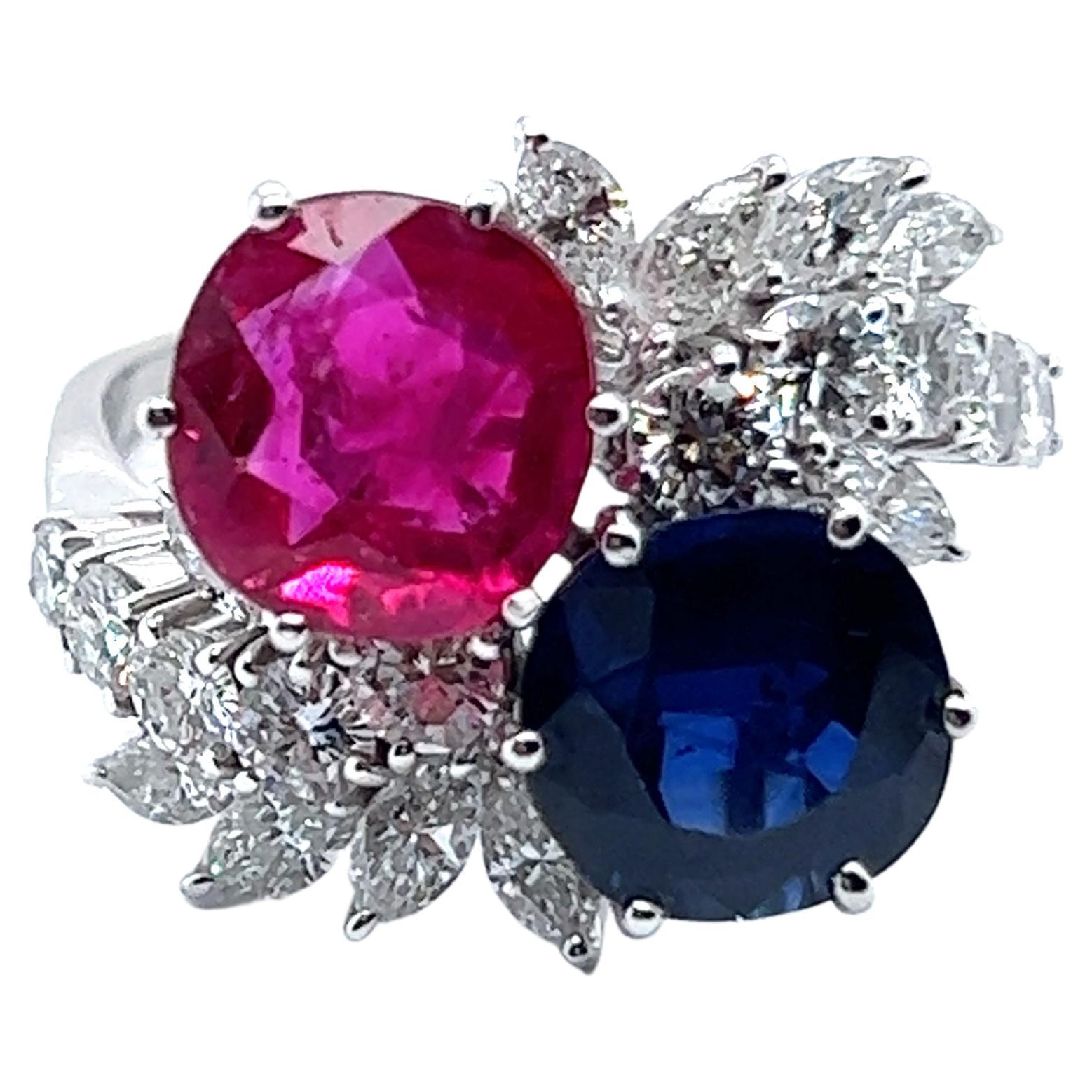 NTE Burma Ruby & Sapphire "Toi et Moi" Ring with Diamonds in 18 Karat White Gold For Sale