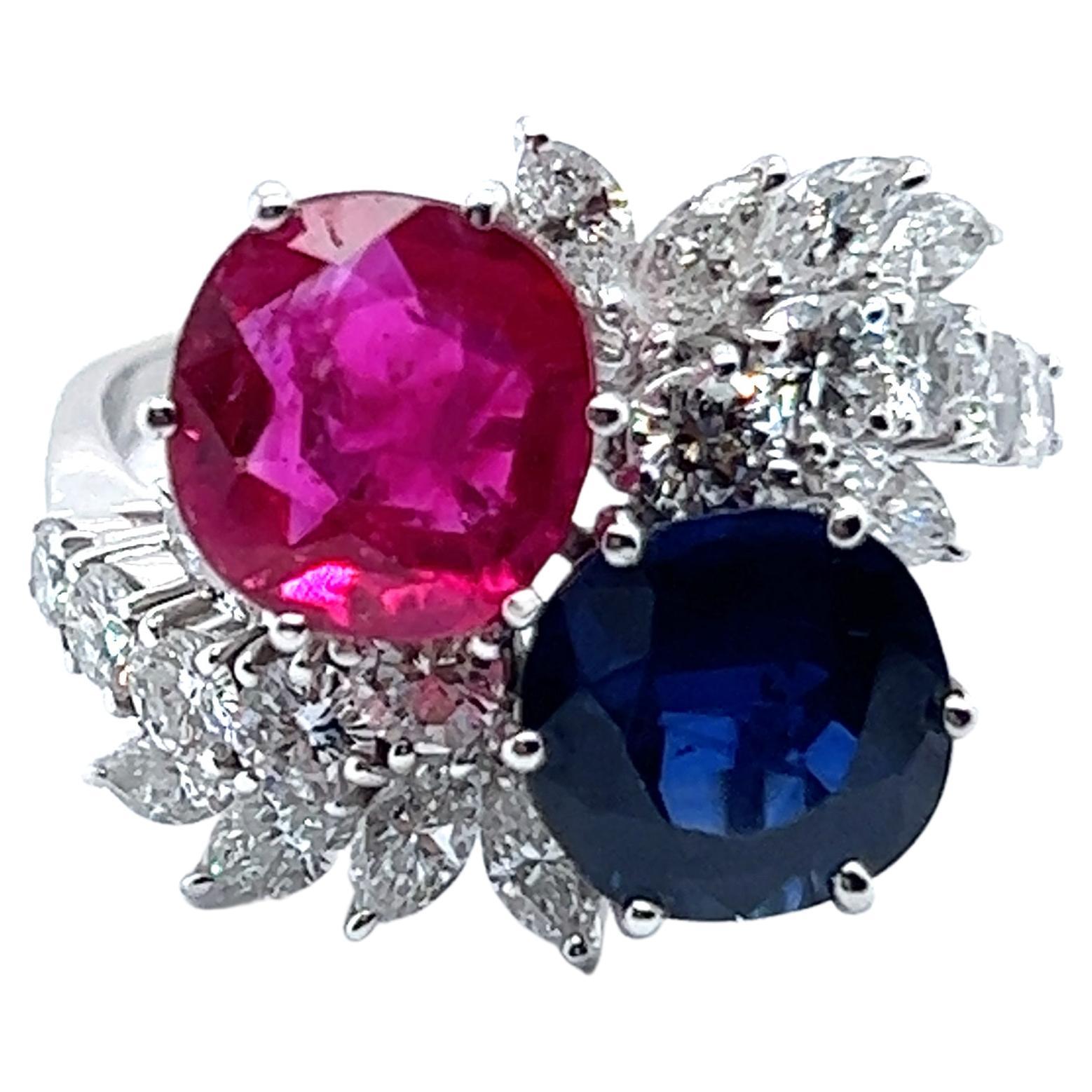 NTE Burma Ruby & Sapphire "Toi et Moi" Ring with Diamonds in 18 Karat White Gold