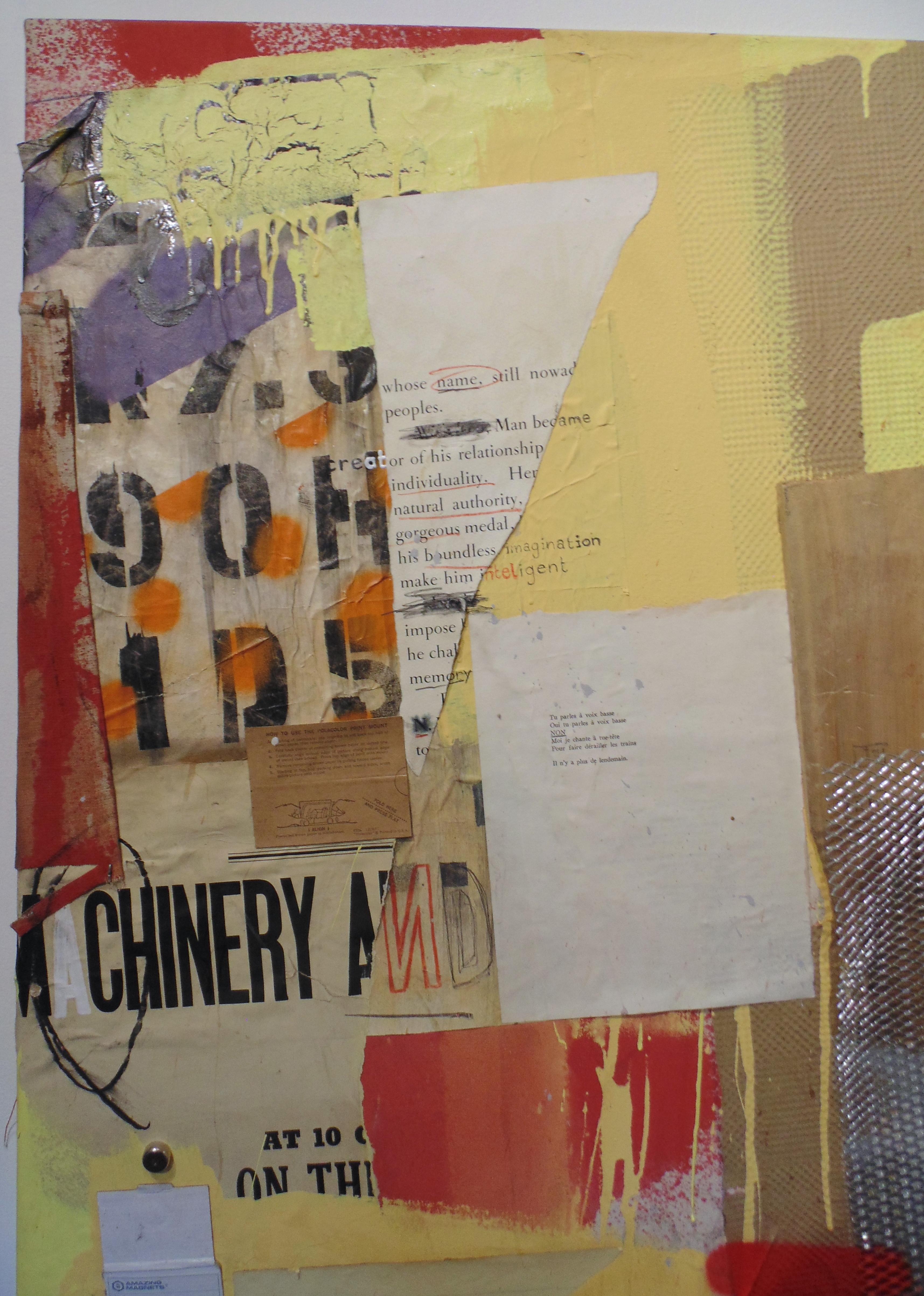 Number 2, 2014, graffiti, street art, abstract, text, collage, red, yellow - Yellow Abstract Painting by NTEL