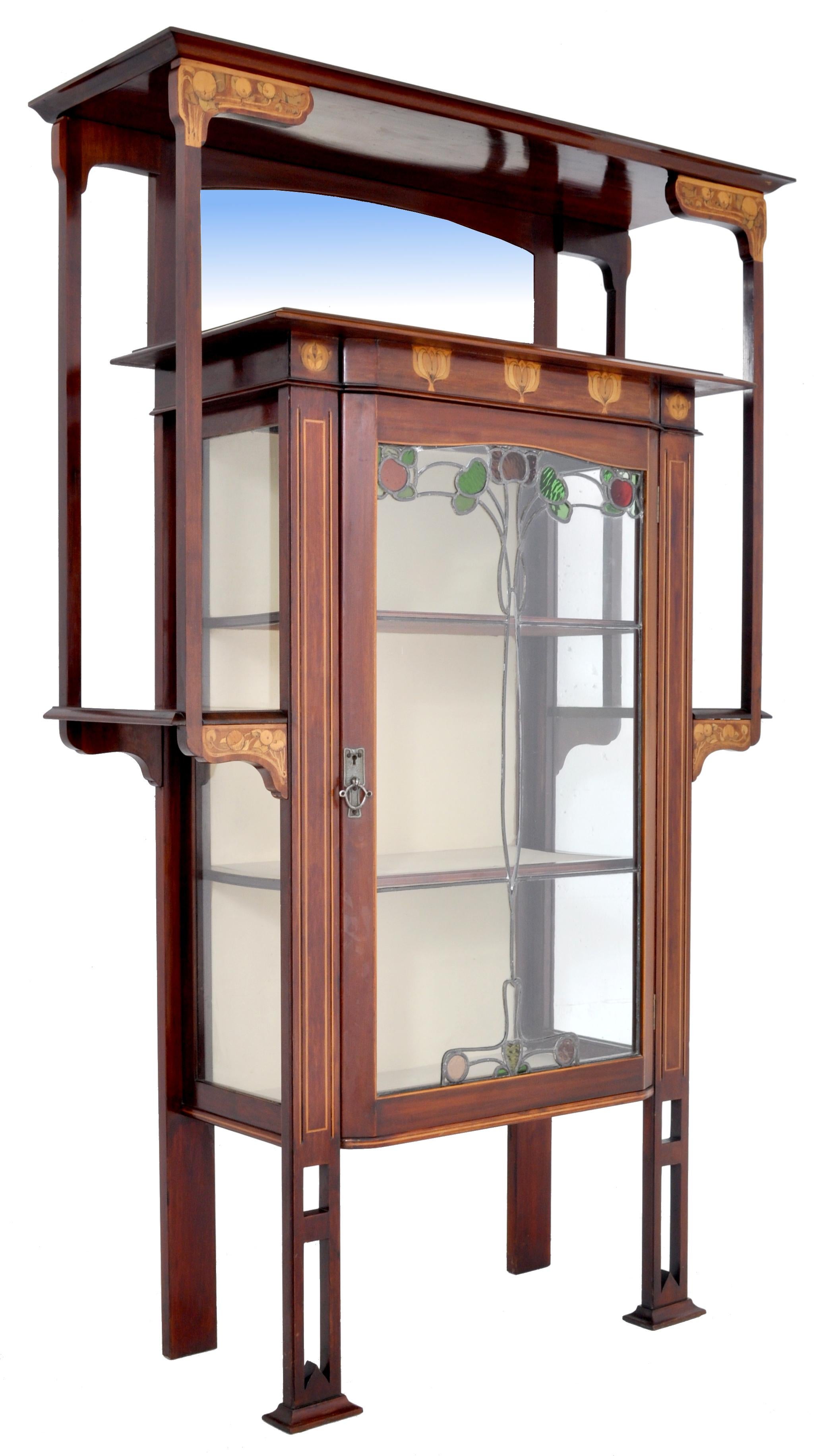 Antique Art Nouveau Inlaid Mahogany China Cabinet Shapland & Petter for Liberty In Good Condition In Portland, OR