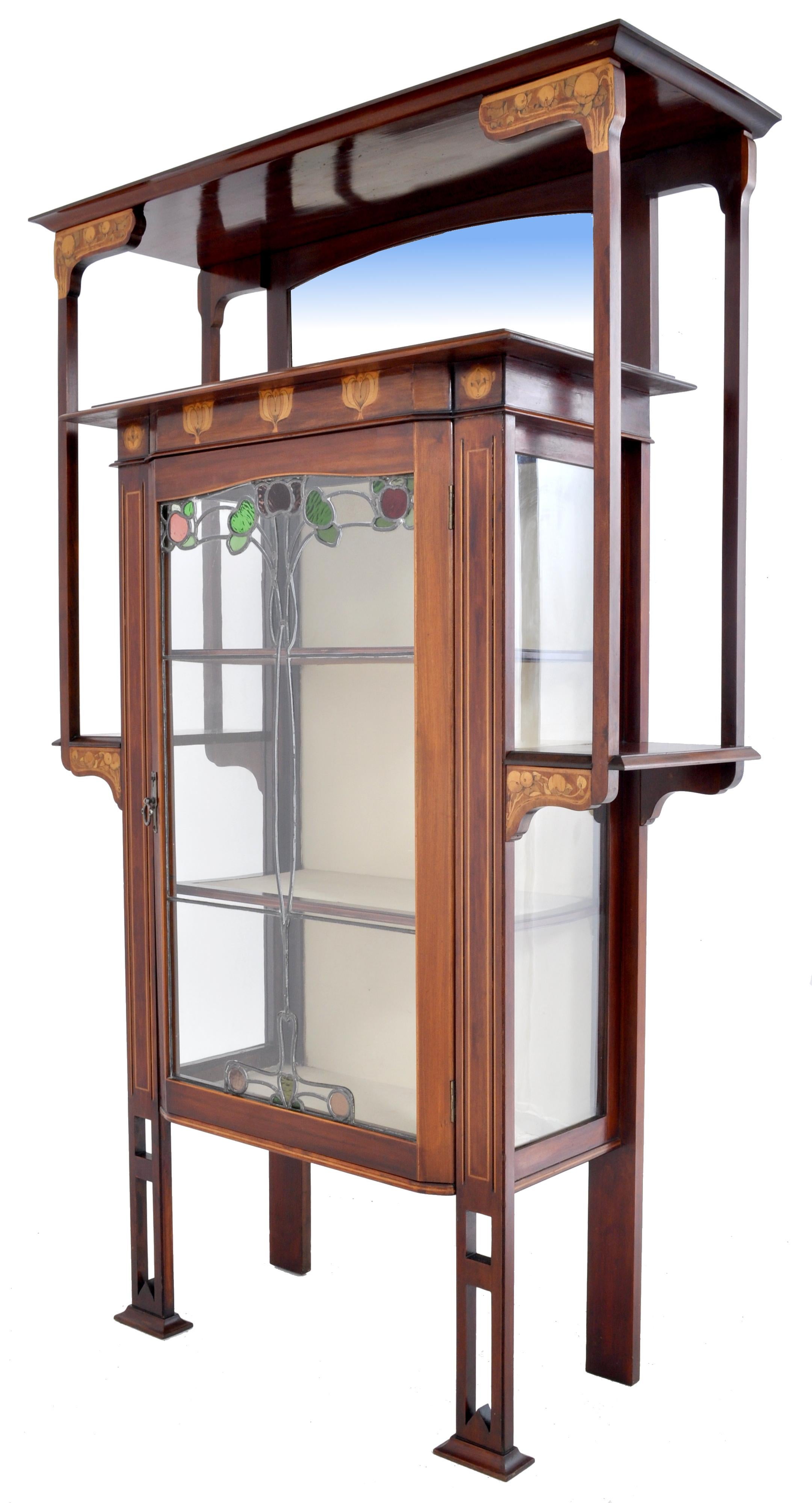 20th Century Antique Art Nouveau Inlaid Mahogany China Cabinet Shapland & Petter for Liberty