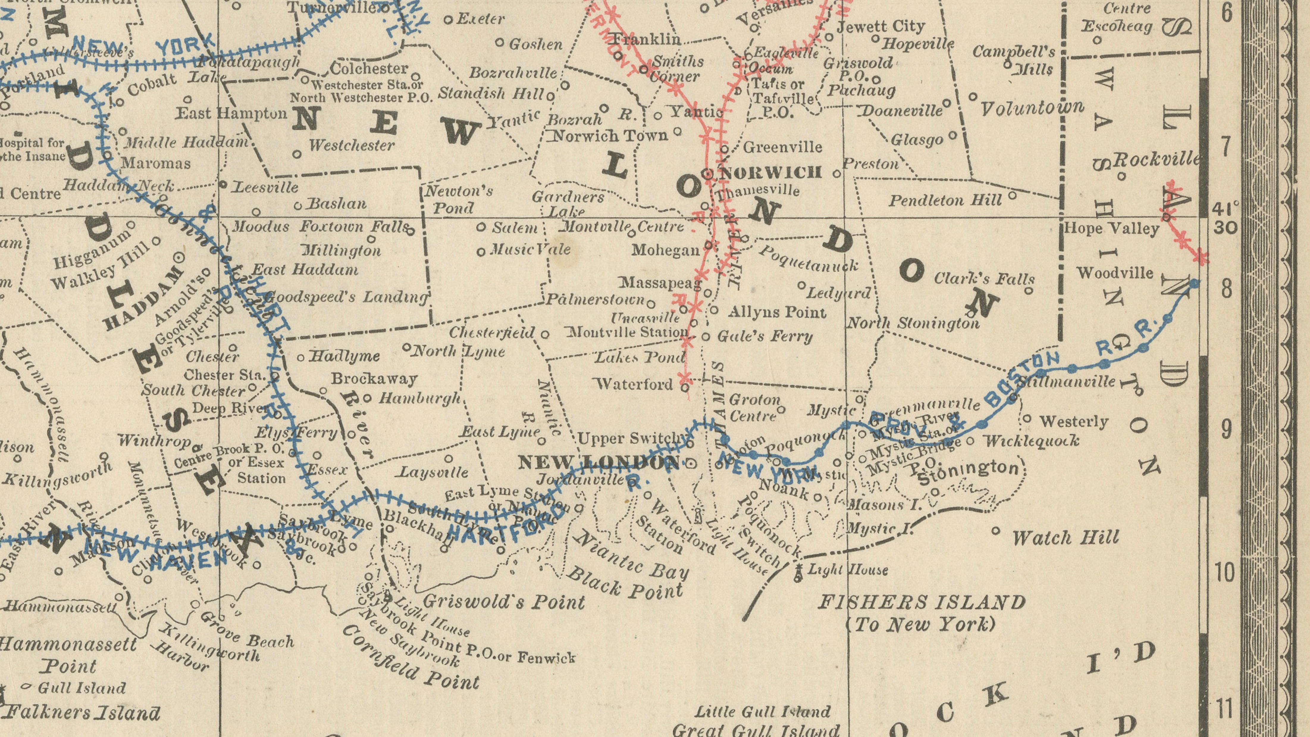 ntique Connecticut Map Wall Art – Railroads, Towns & Long Island Sound, ca.1888