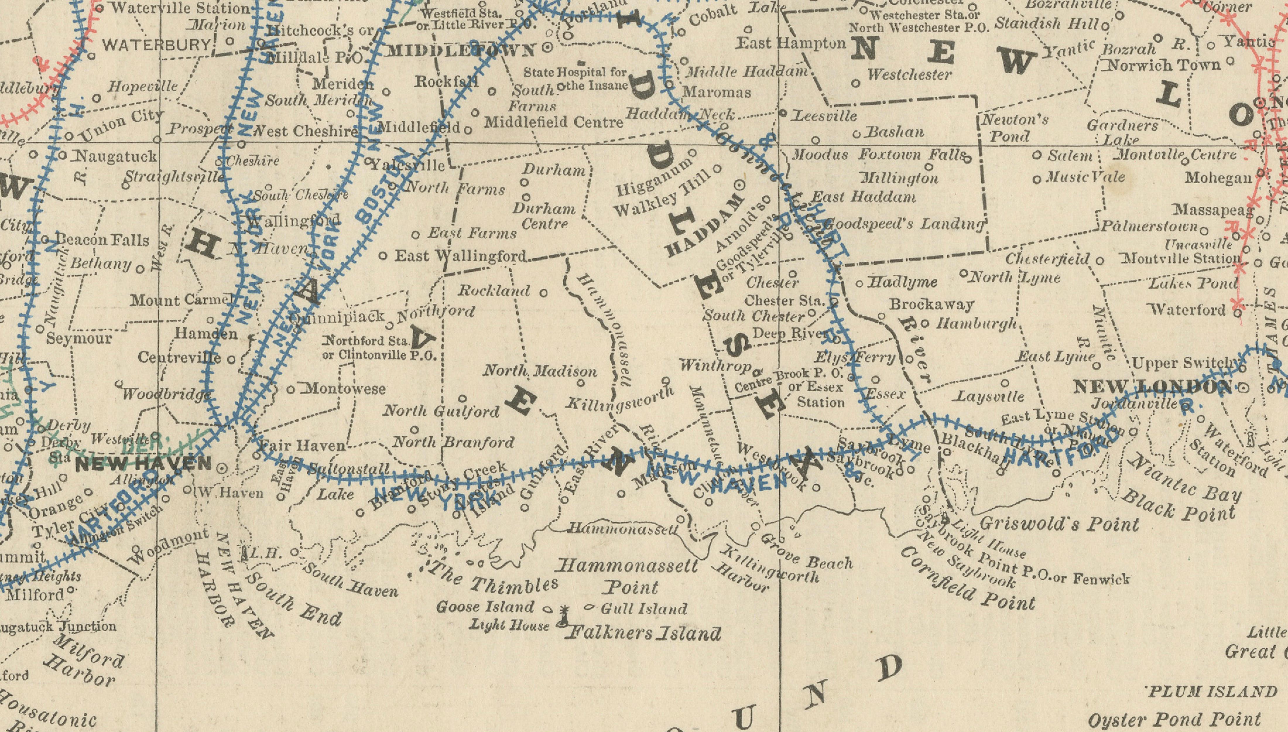 ntique Connecticut Map Wall Art – Railroads, Towns & Long Island Sound, ca.1888