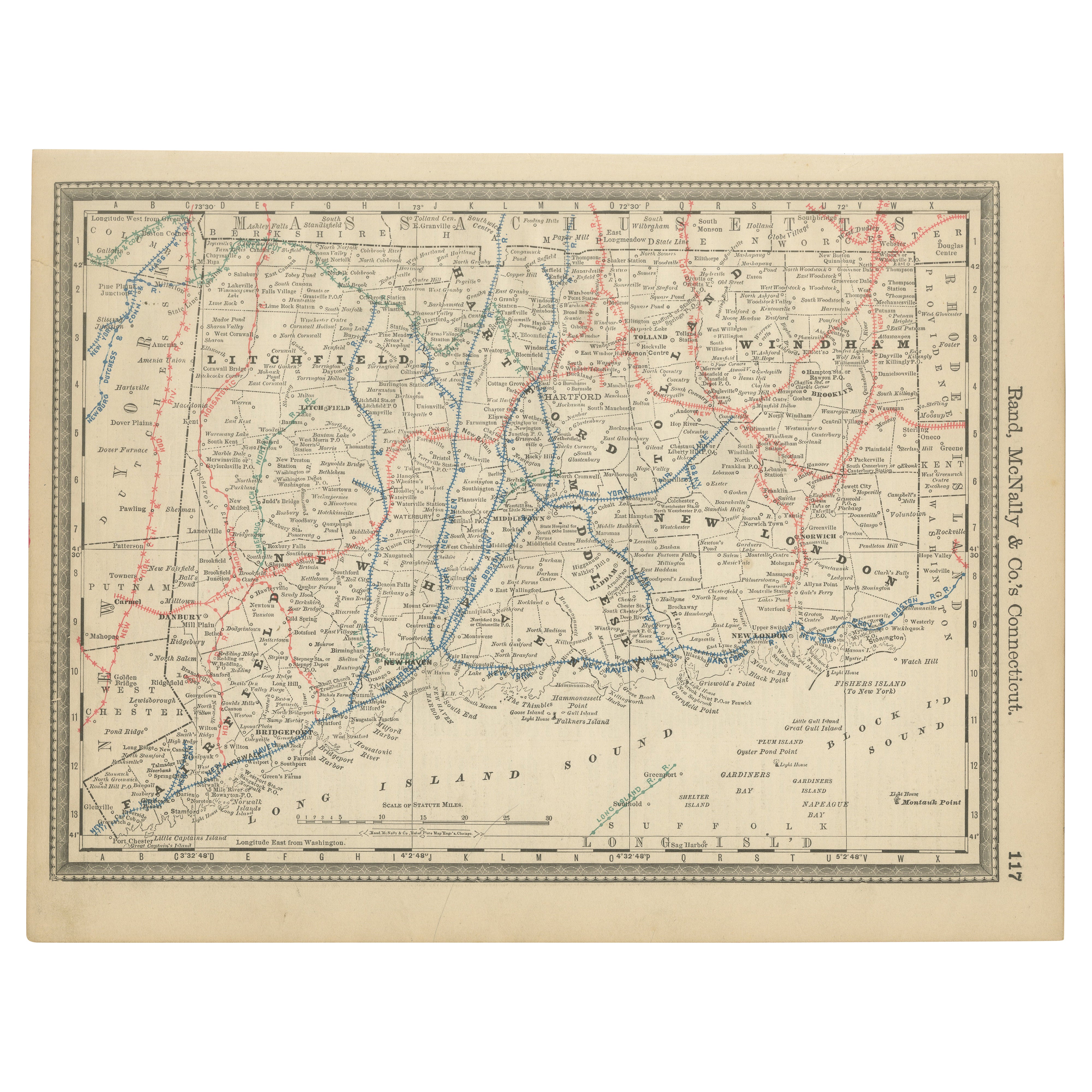 Carte murale ancienne du Connecticut - Chemins de fer, Towns et Long Island Sound, vers 1888