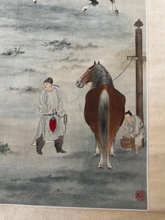 ntique Northern Chinese Painted Scroll "Five Horsemen"