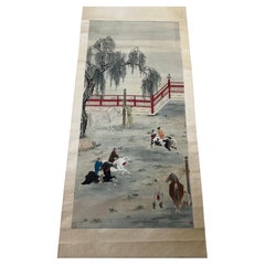 ntique Northern Chinese Painted Scroll "Five Horsemen"