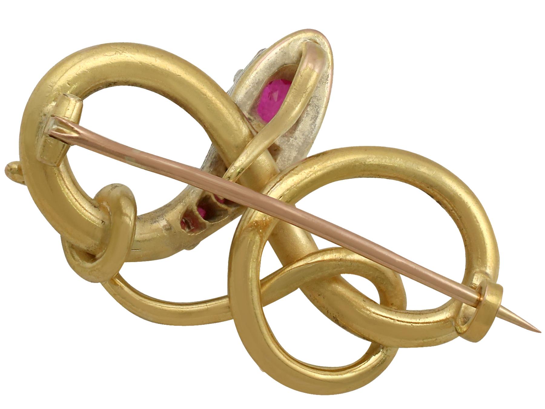 Cushion Cut Antique Victorian Ruby and Diamond 22K Yellow Gold Snake Brooch For Sale
