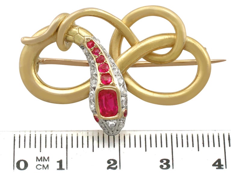Antique Victorian Ruby and Diamond 22K Yellow Gold Snake Brooch For Sale 2