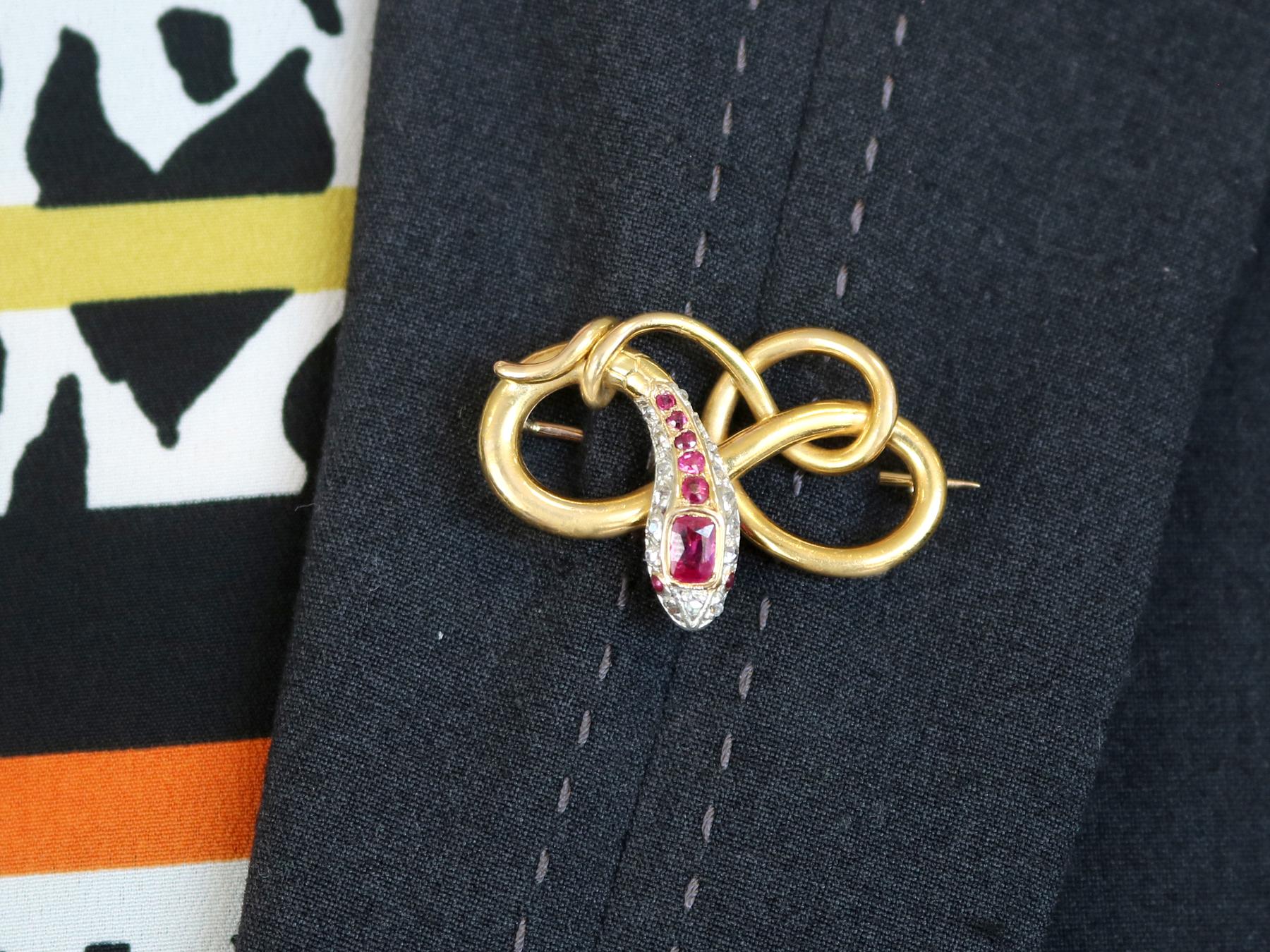 Antique Victorian Ruby and Diamond 22K Yellow Gold Snake Brooch For Sale 1