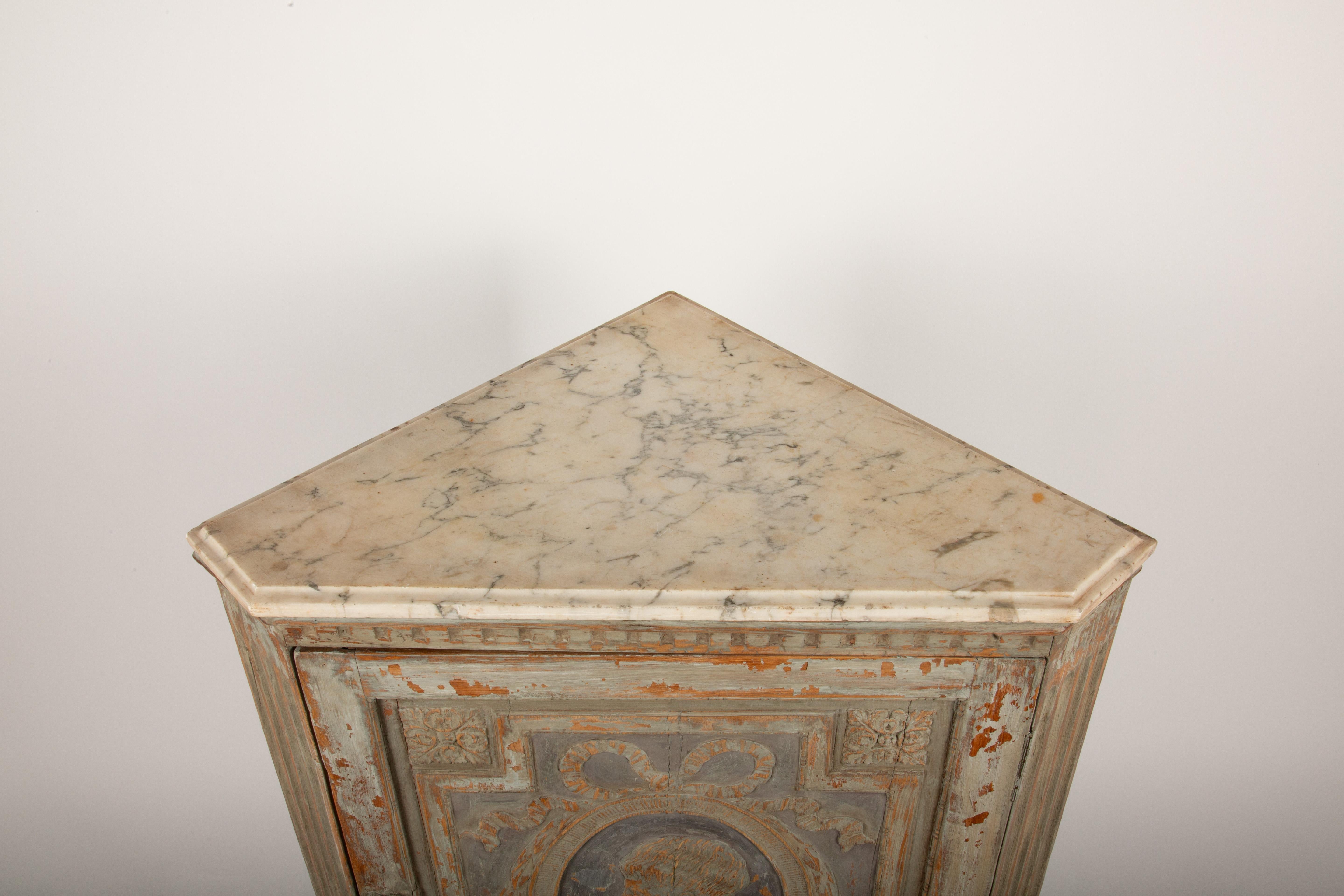 19th Century Intricately Carved 18th/19th-Century Gustavian Corner Cabinet with Marble Top