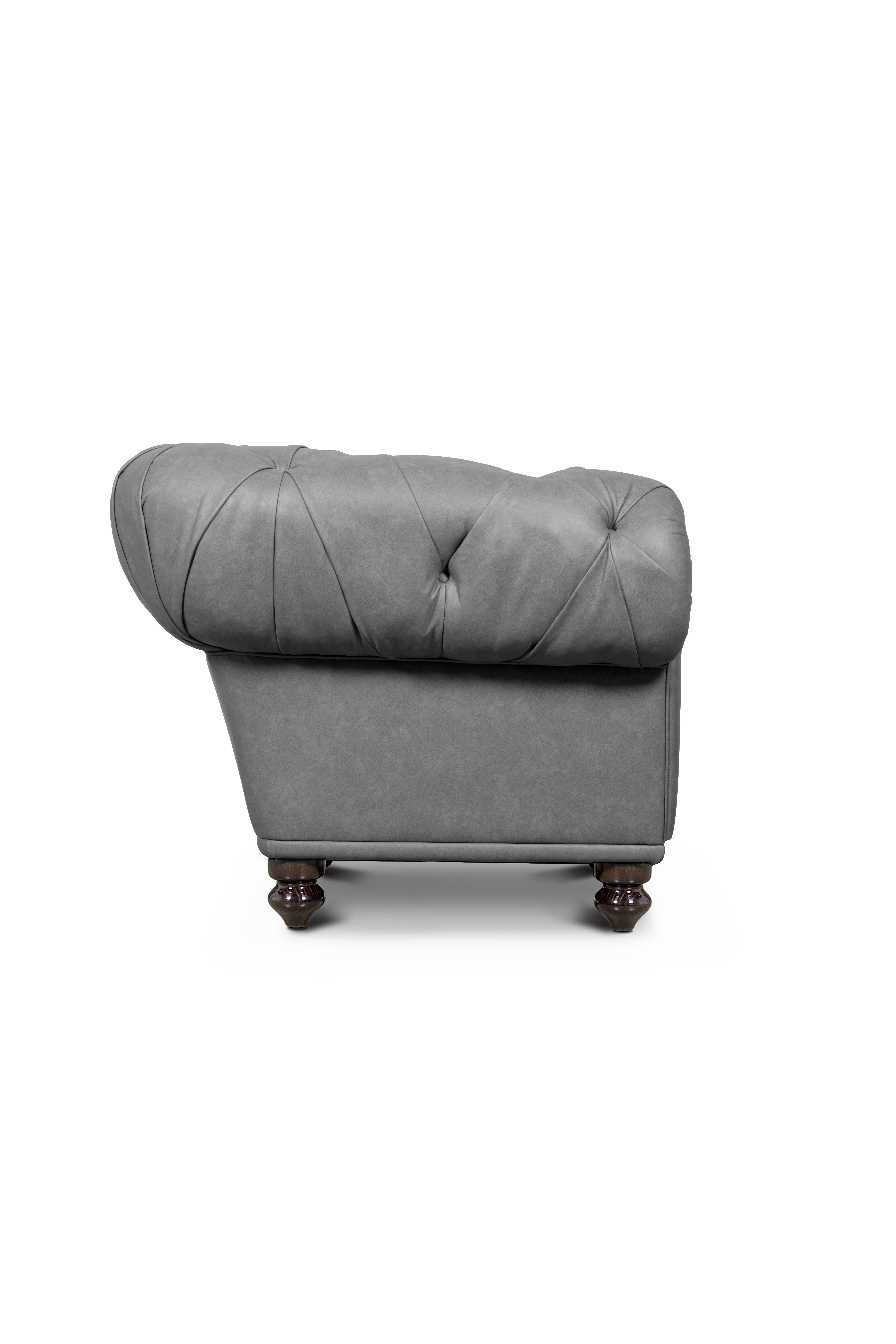 Modern NU Chesterfield Grey Armchair in Leather For Sale