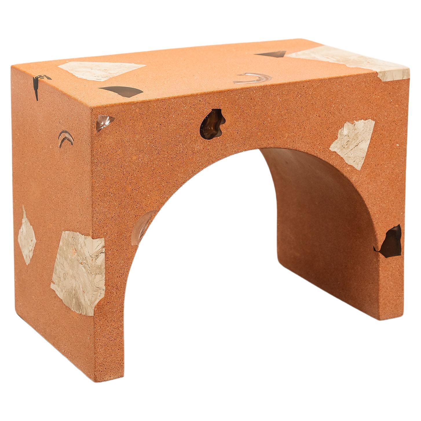 Stool made from crushed recycled ceramic brick, with glass and Beige Bahia marble aggregates. Recycled cast aluminum top with a polished finish. 
Can be used outdoors. 

-
NU is a collection dedicated to the essence of materials, where we seek to