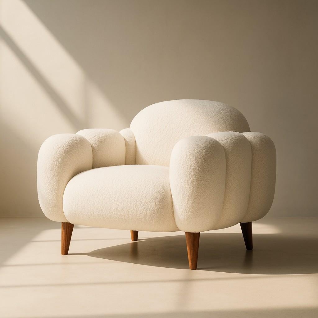 Portugais Fauteuil Nuage Blanc - Accoudoirs pétales bouclés ivoire, pieds en noyer par Sid/One Design en vente