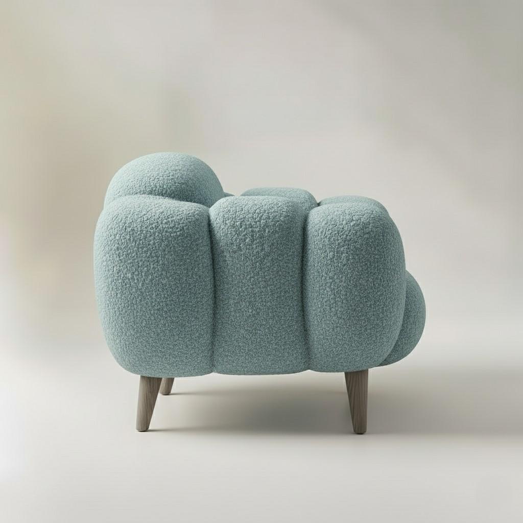 Nuage Bleu Fauteuil - Bouclé Azul Celadón , Patas Roble Gris by Sidani Design Portugués en venta