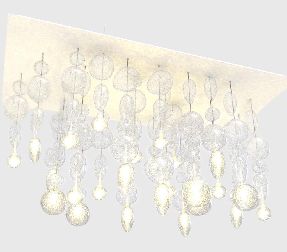 Nuage 24 lights one of a kind Chandelier, with a rectangular Matte White Steel base.
L 71