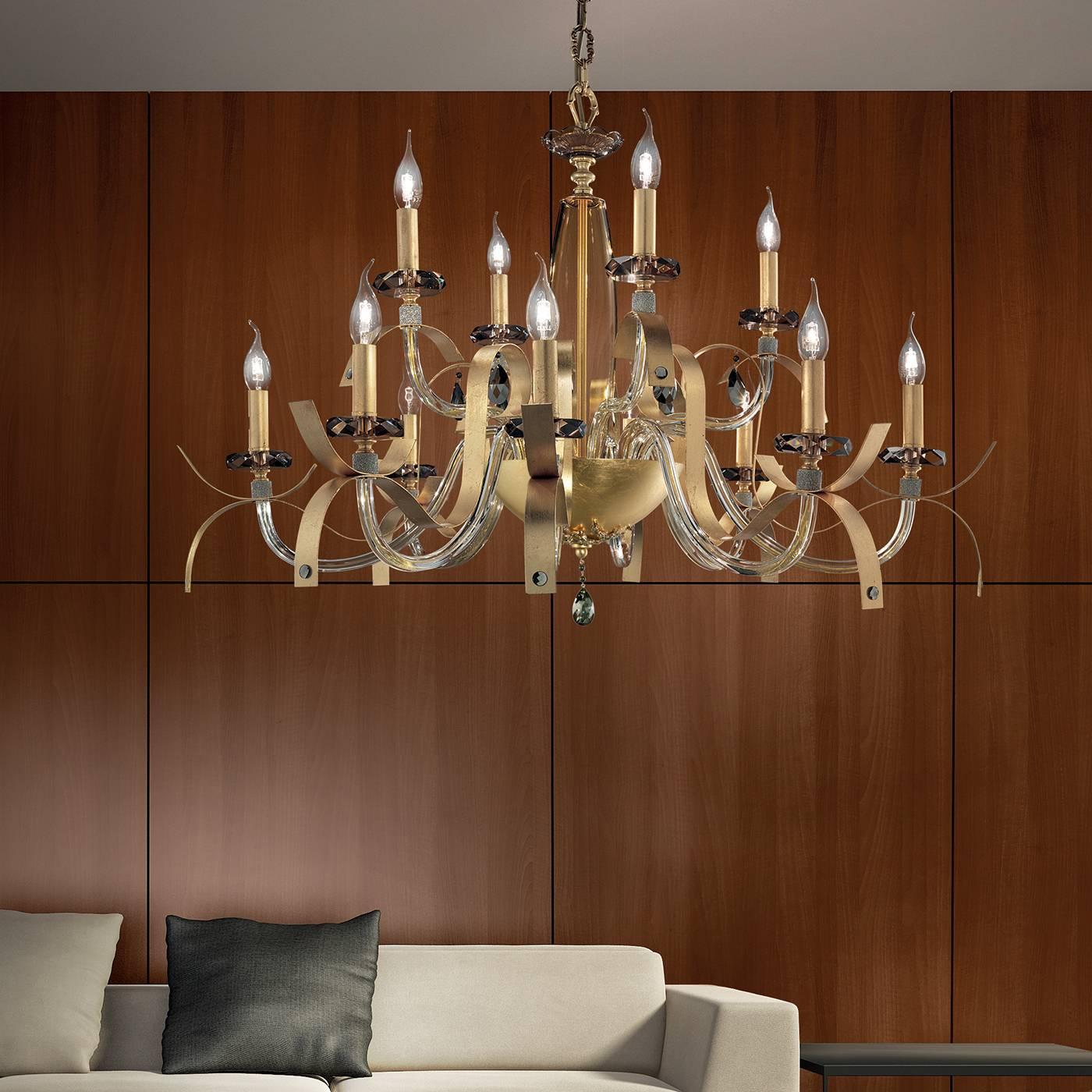 The graceful decorative elements of this superb piece are inspired by the classic Venetian pastoral chandelier. Handcrafted of glass, its complex structure comprises a central body in a delicate amber color, two tiered elements with eight + four