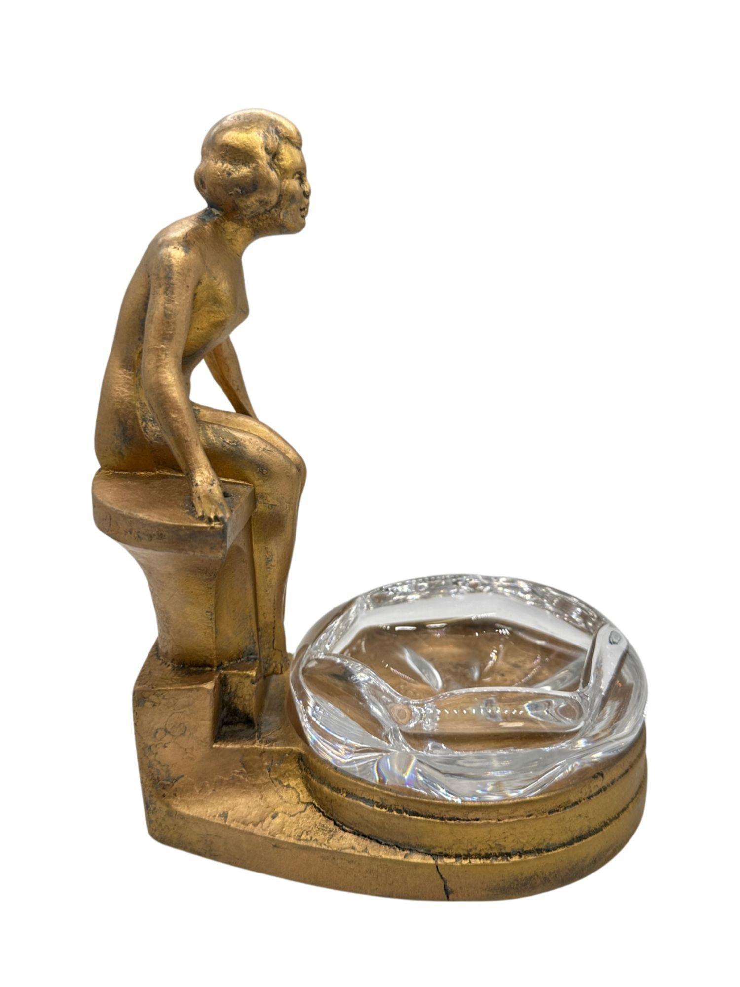 Mid-20th Century Nuart Art Deco Nude Woman Seated Over a Pool Bronze and Crystal Ashtray For Sale