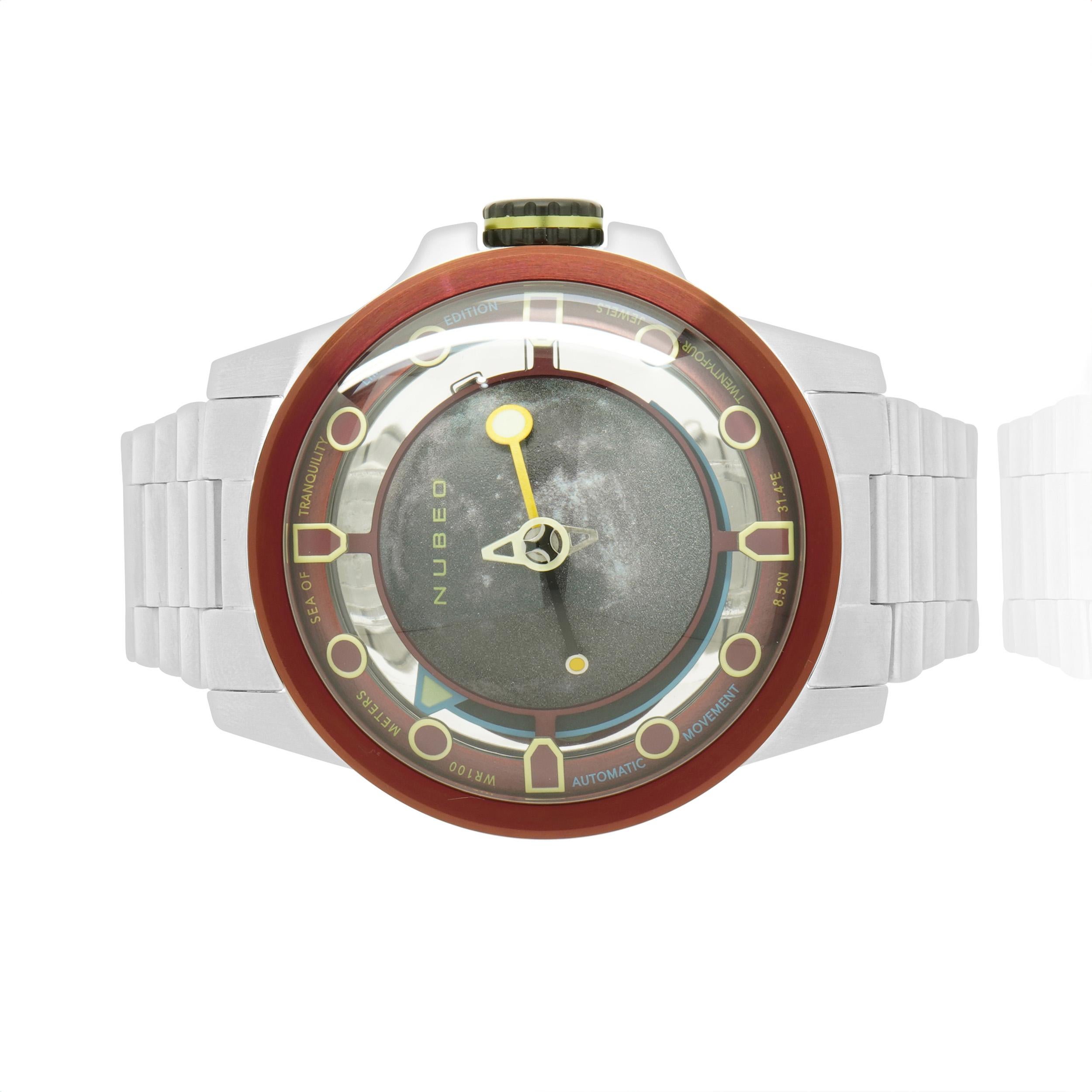 Movement: automatic
Function: hours, minutes, seconds
Case: 48mm stainless steel case, red fixed bezel
Dial: black index swiss newlite
Reference #: NB-609X-XX
Serial #: 136/XXX

Complete with box and papers.
Guaranteed to be authentic by seller.
