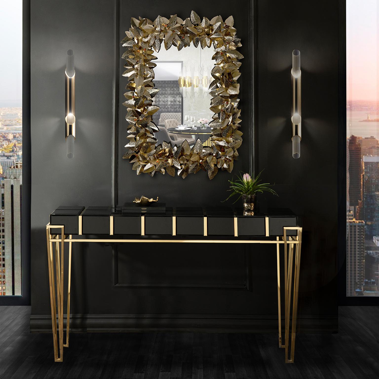 Nubian Console Table with Brass, Black Glass Top and Walnut Root Venner For Sale 4