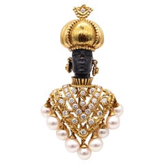 Nubian Prince Gem Set Brooch Pendant in 18Kt Gold with 2.76 Ctw Diamonds Pearls