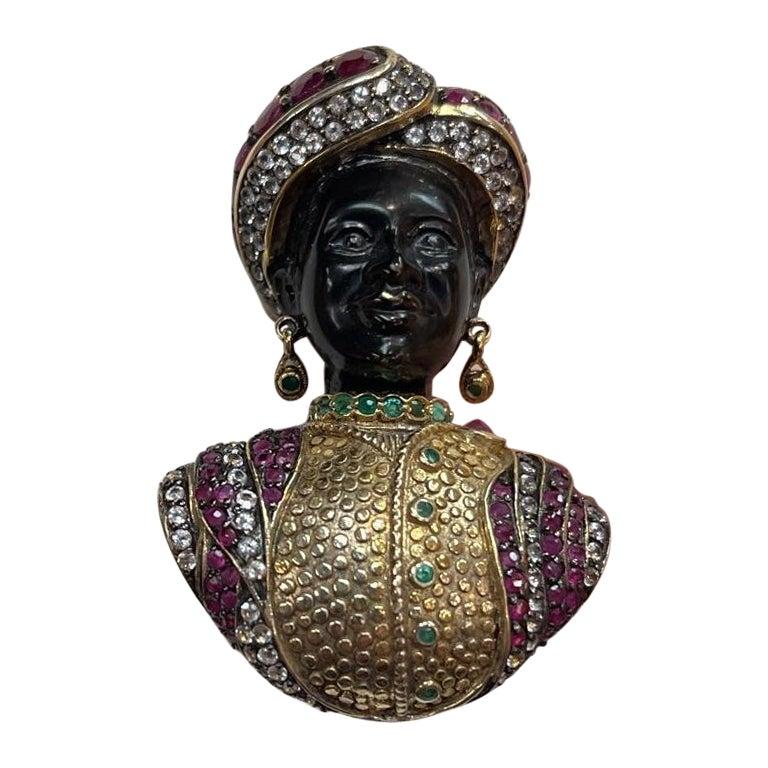 Simply Beautiful! Finely detailed 3-dimensional Vintage Designer Ruby, Pearl and Amethyst Nubian Prince Brooch. Securely Hand set with Rubies and Emeralds, enhanced with Diamante Crystals and a faceted Amethyst in the Headdress. Artistically Hand