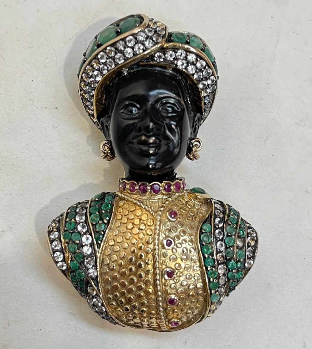 Simply Beautiful! Finely detailed 3-dimensional Vintage Designer Ruby, Pearl and Amethyst Nubian Prince Brooch. Securely Hand set with Emeralds and Rubies, enhanced with Diamante Crystals and a faceted Amethyst in the Headdress. Artistically Hand