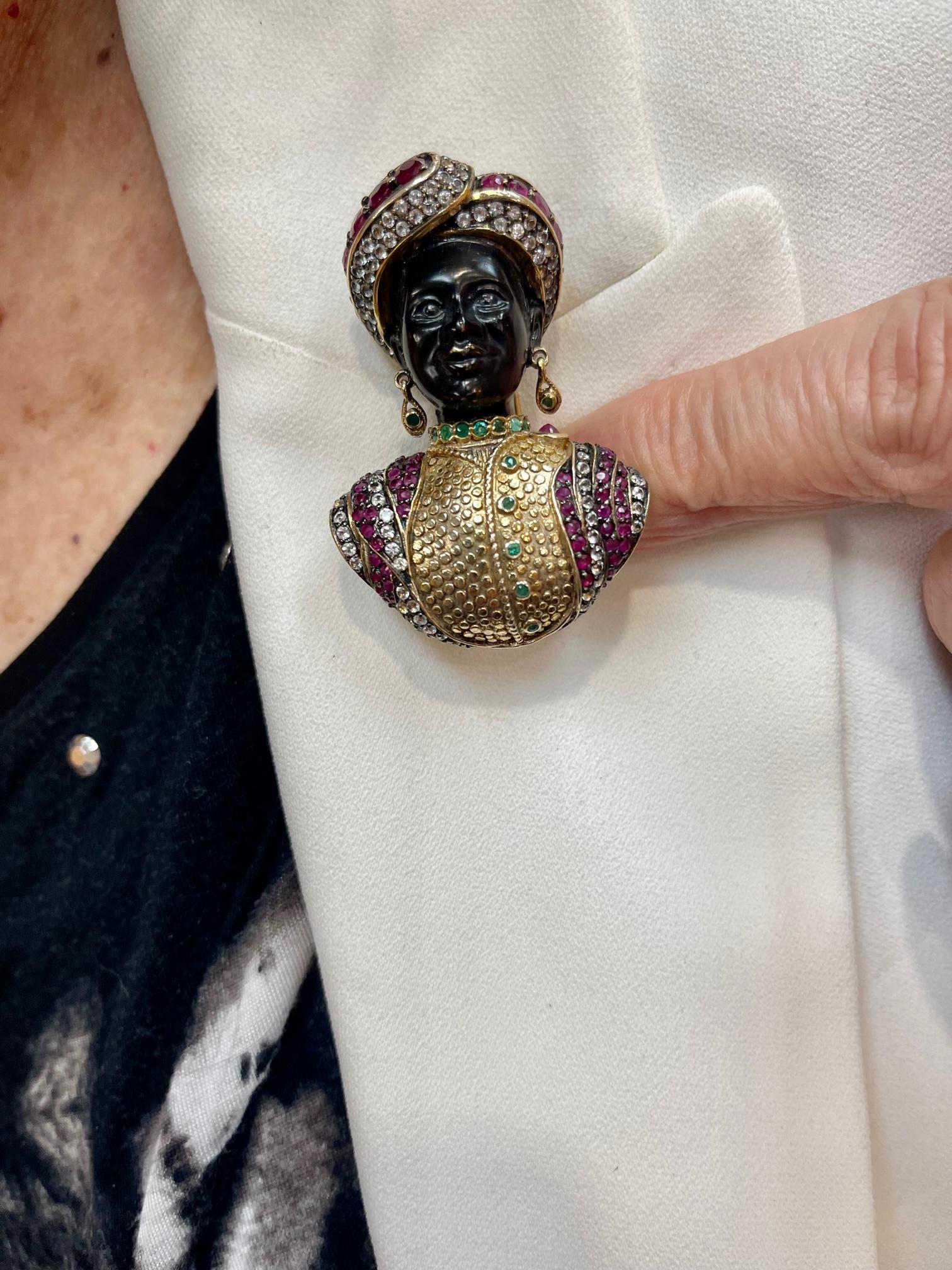 Nubian Prince Multi Gem Diamante Vintage Designer Gilt 925 Silver Brooch Pin In Excellent Condition For Sale In Montreal, QC