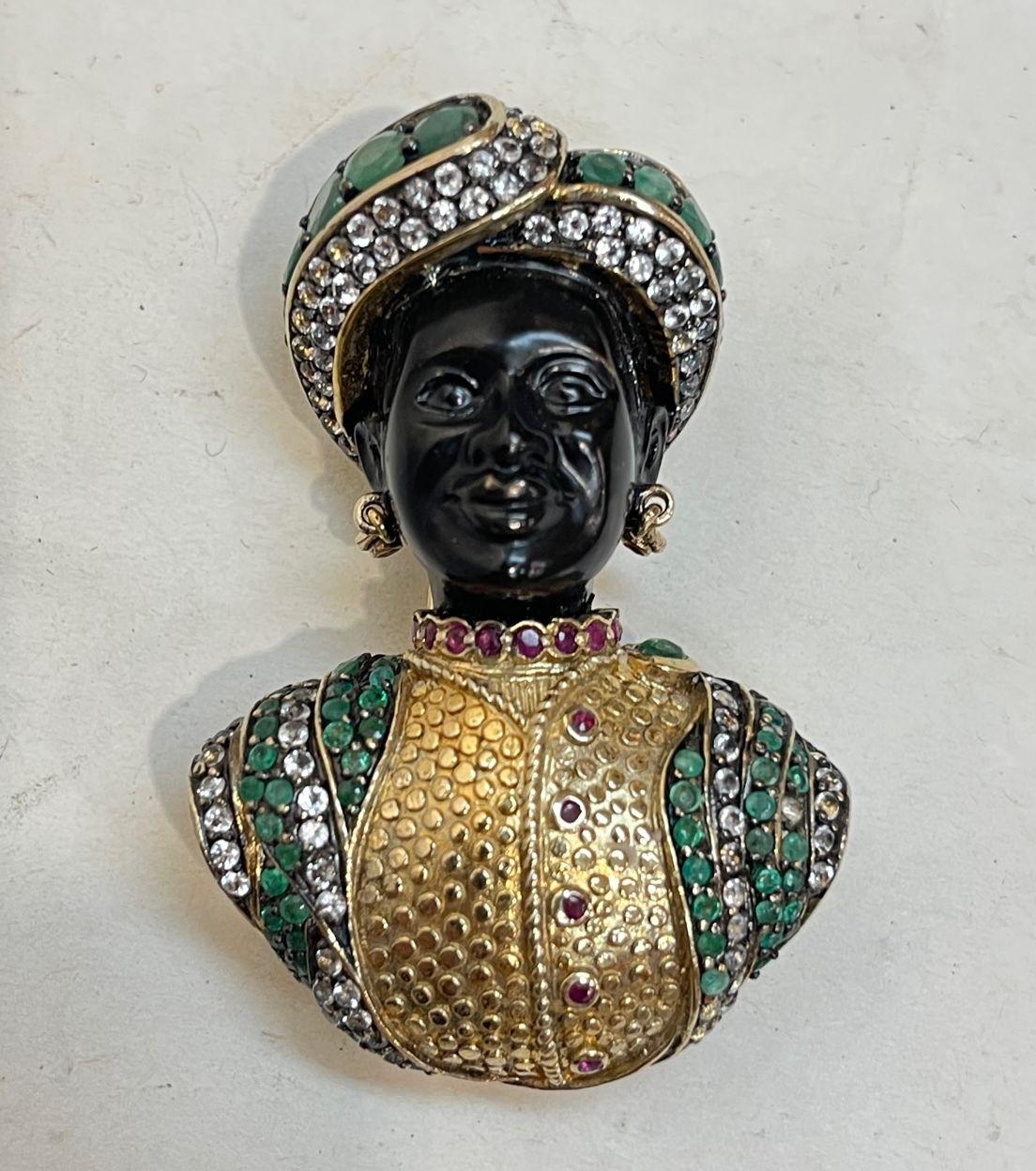 Nubian Prince Multi Gem Diamante Vintage Designer Gilt 925 Silver Brooch Pin In Excellent Condition For Sale In Montreal, QC