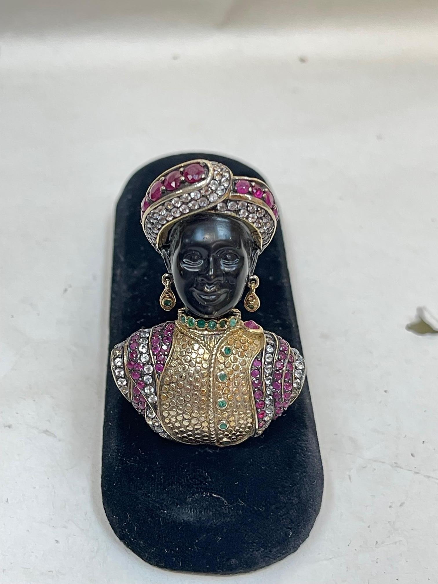 Women's or Men's Nubian Prince Multi Gem Diamante Vintage Designer Gilt 925 Silver Brooch Pin For Sale