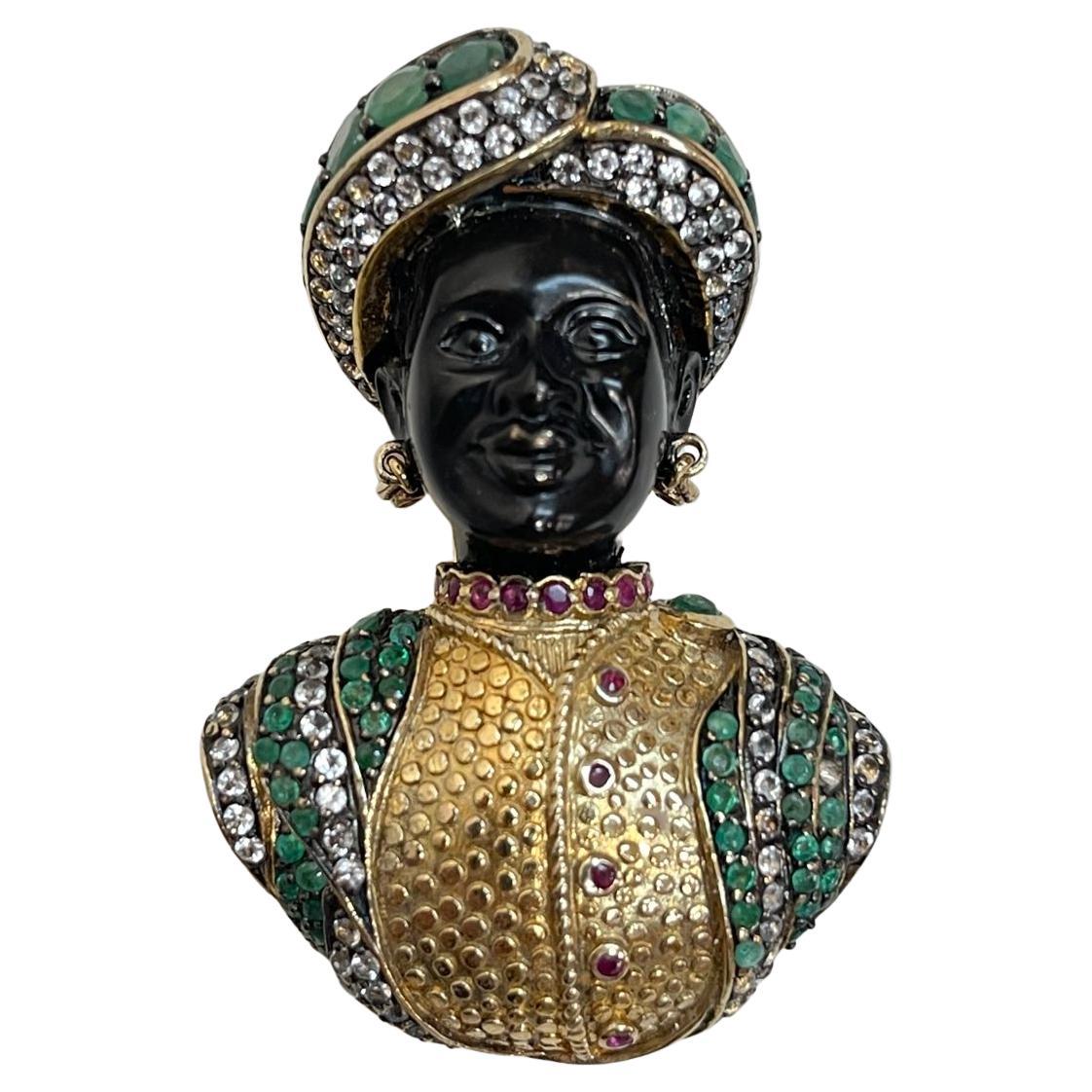 Nubian Prince Multi Gem Diamante Vintage Designer Vergoldet 925 Silber Brosche Pin im Angebot