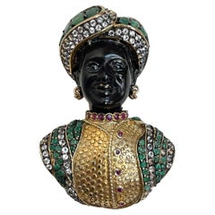 Nubian Prince Multi Gem Diamante Vintage Designer Vergoldet 925 Silber Brosche Pin