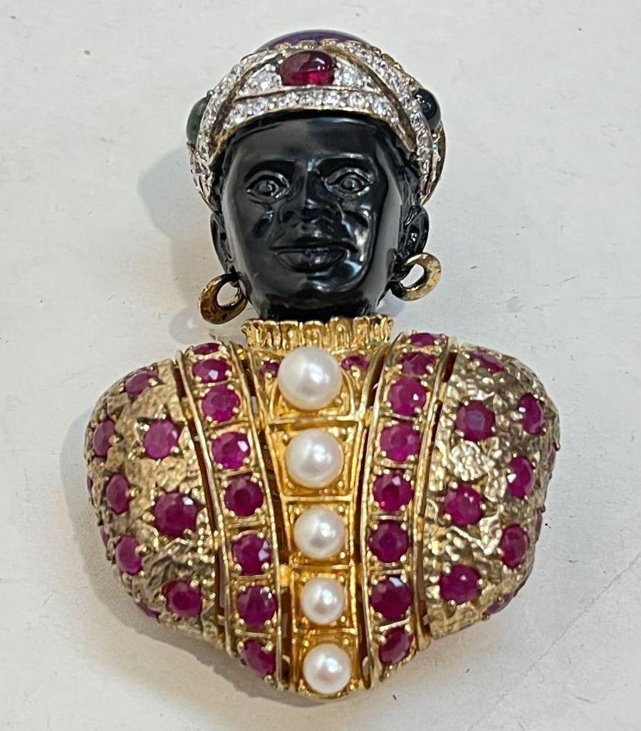 Simply Beautiful! Finely detailed 3-dimensional Vintage Designer Ruby, Pearl and Amethyst Nubian Prince Brooch. Securely Hand set with Rubies, Pearls,  Cabochon Amethyst in the Headdress and enhanced with Diamante Crystals. Artistically Hand crafted