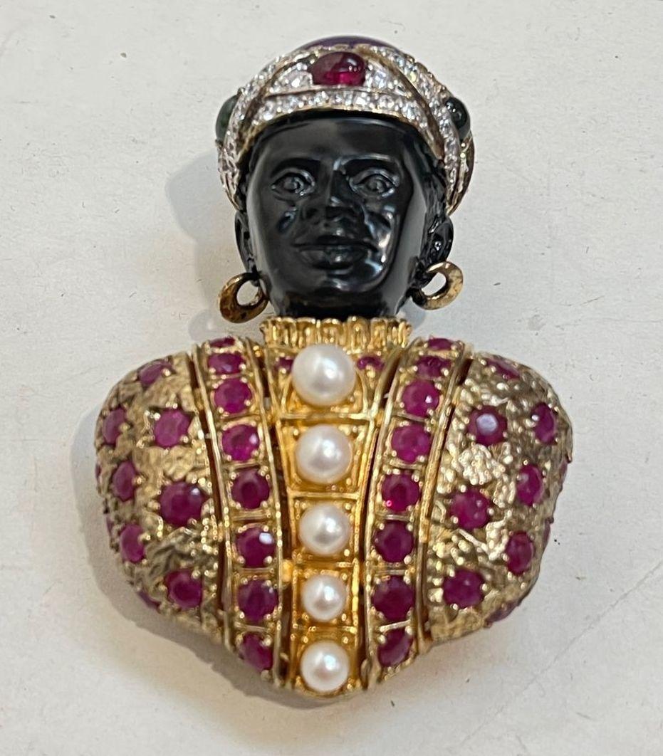 Mixed Cut Nubian Prince Ruby Pearl Diamante Vintage Designer Gilt 925 Silver Brooch Pin For Sale