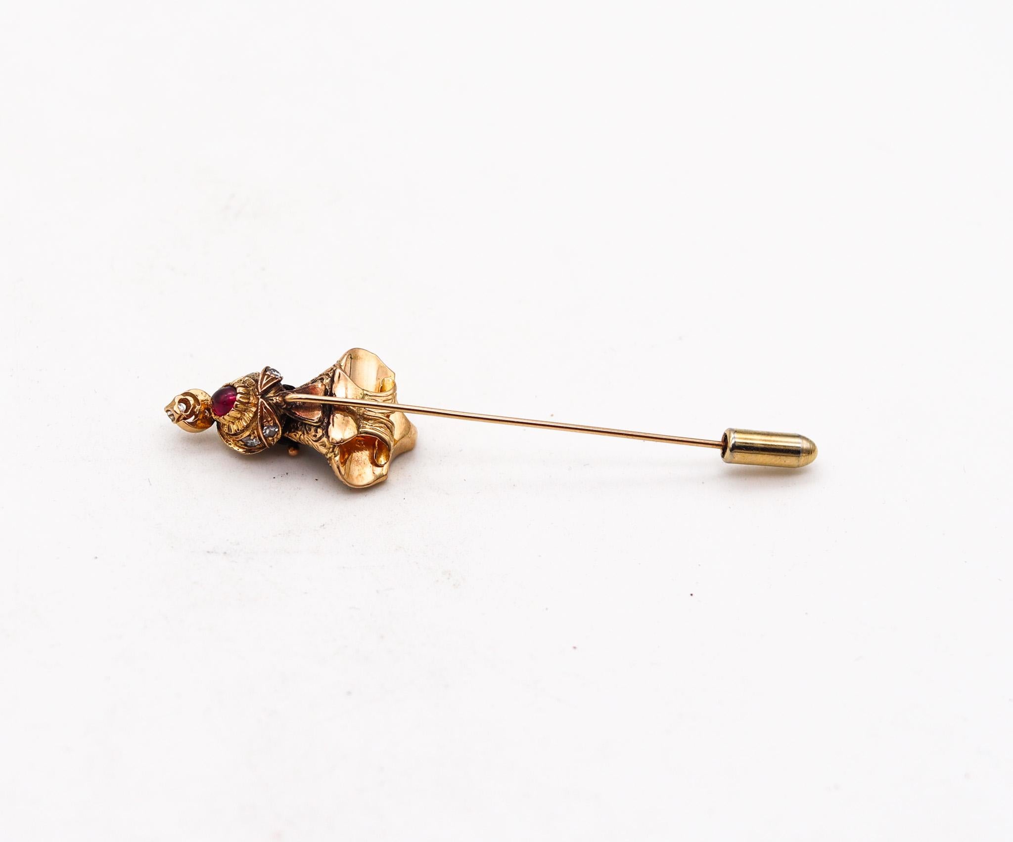 Baroque Revival Nubian Prince Stick Pin In 18Kt Yellow Gold With 2.28 Ctw In Diamonds And Ruby