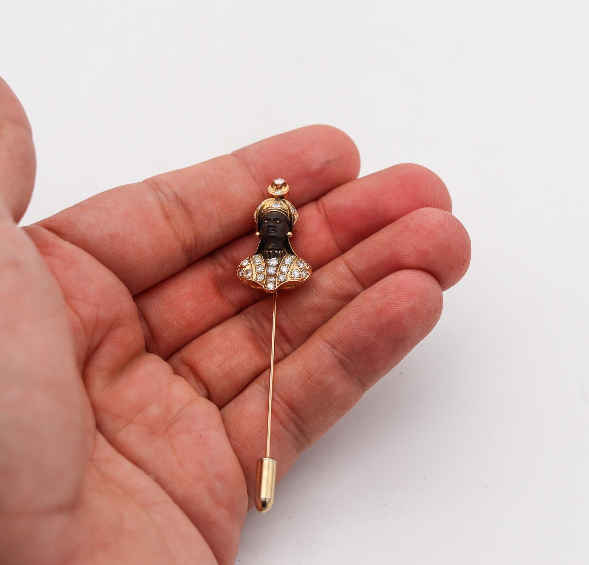 Nubian Prince Stick Pin In 18Kt Yellow Gold With 2.28 Ctw In Diamonds And Ruby In Excellent Condition In Miami, FL