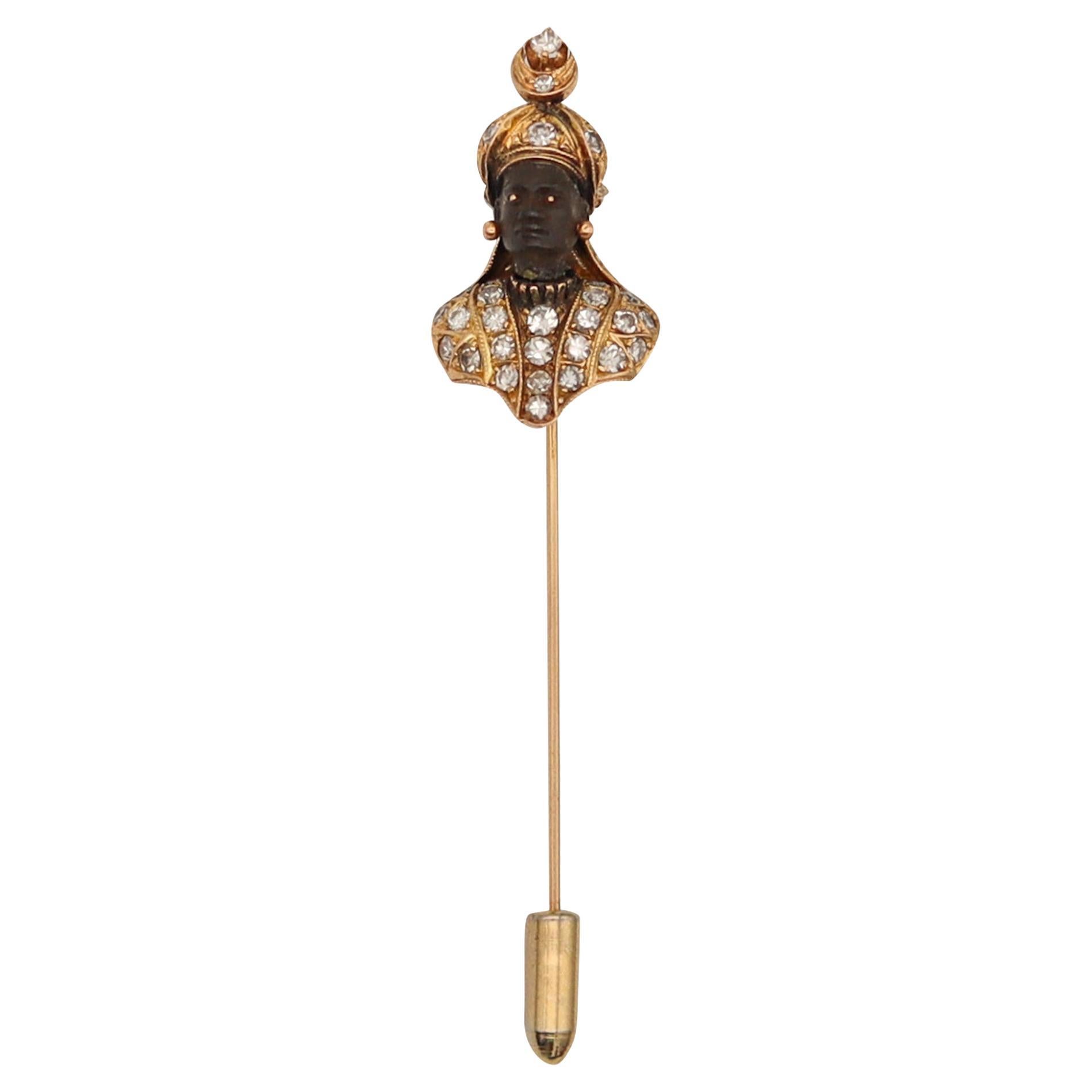Nubian Moorish Stick Pin - Nubian Prince Stick Pin 18kt 2.28 CTW Diamonds Italian Baroque Revival Ruby Yellow Gold