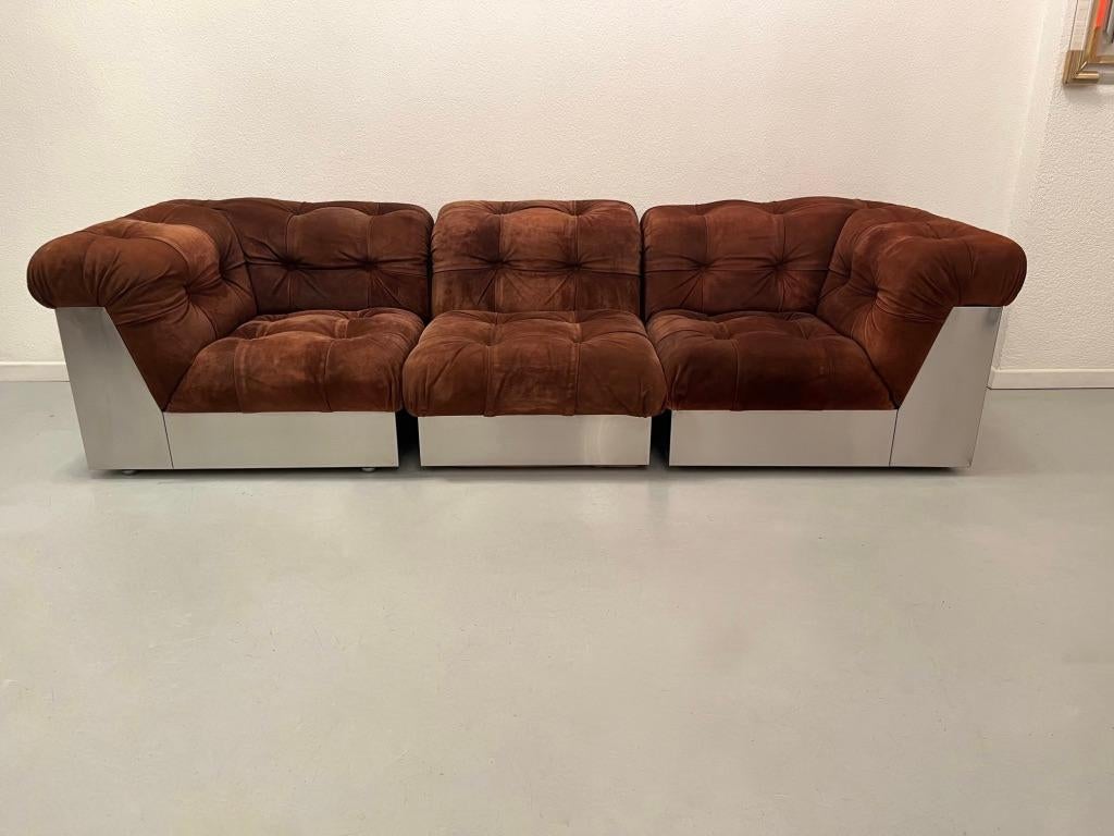 Nubuck Leather & Steel Sofa by Giorgio Montani for Souplina, France, 1970s For Sale 8