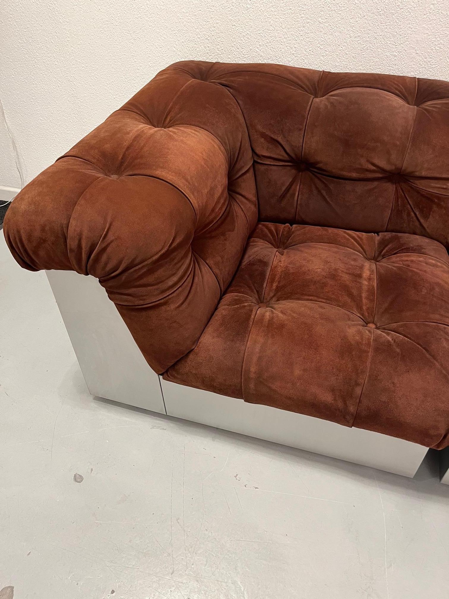 Nubuck Leather & Steel Sofa by Giorgio Montani for Souplina, France, 1970s 9